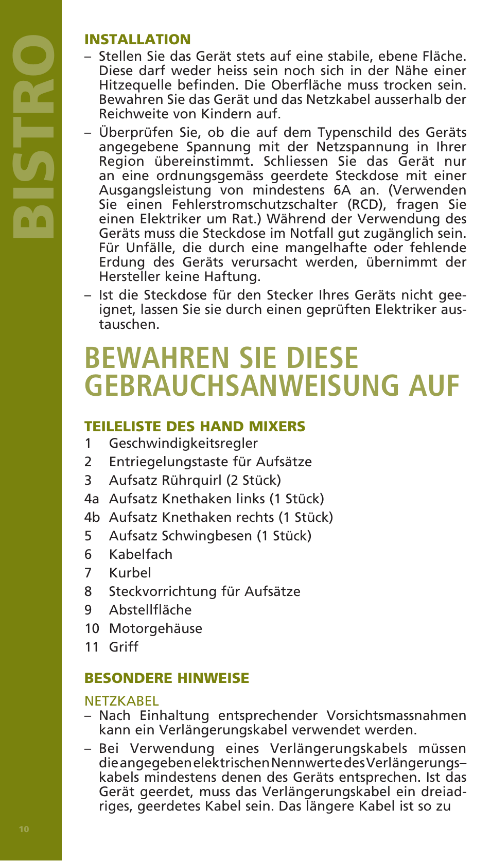Bistro, Bewahren sie diese gebrauchsanweisung auf | Bodum BISTRO Электрический миксер User Manual | Page 11 / 82