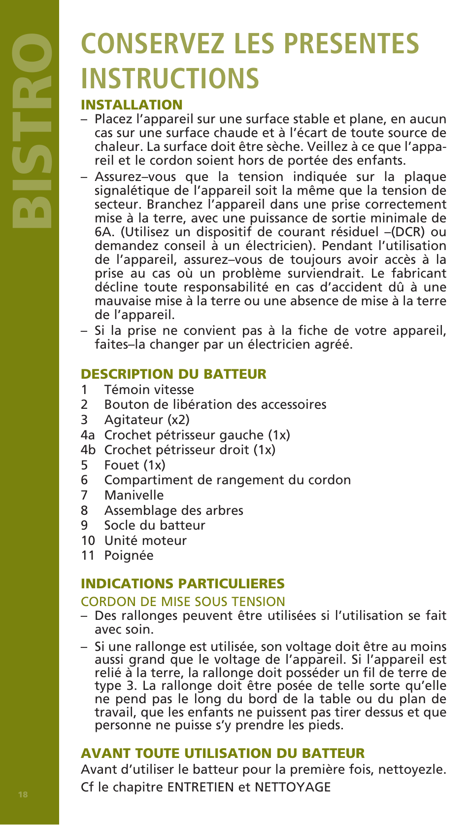 Bistro, Conservez les presentes instructions | Bodum BISTRO Электрический миксер User Manual | Page 19 / 82