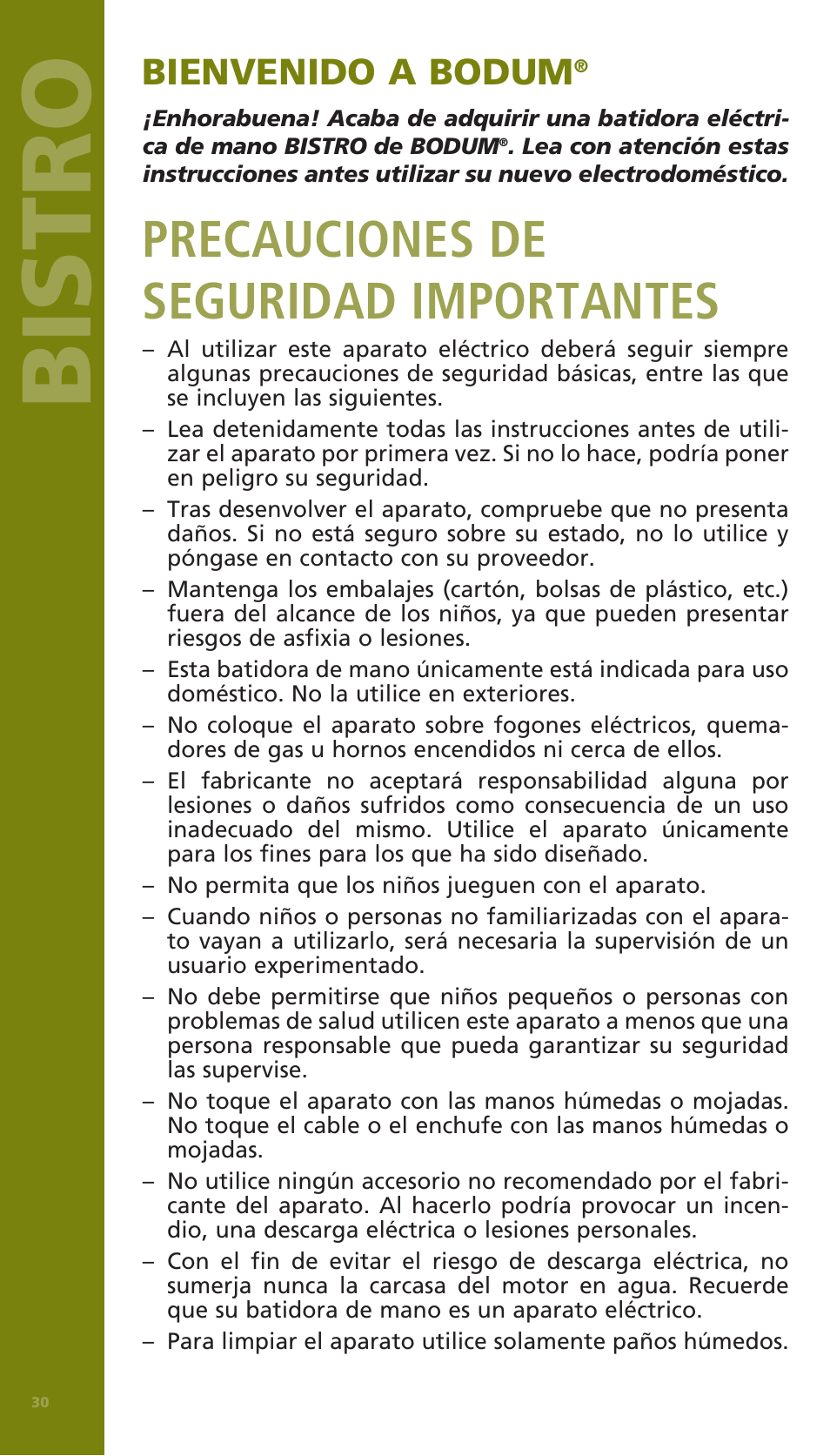 Bistro, Precauciones de seguridad importantes, Bienvenido a bodum | Bodum BISTRO Электрический миксер User Manual | Page 30 / 82