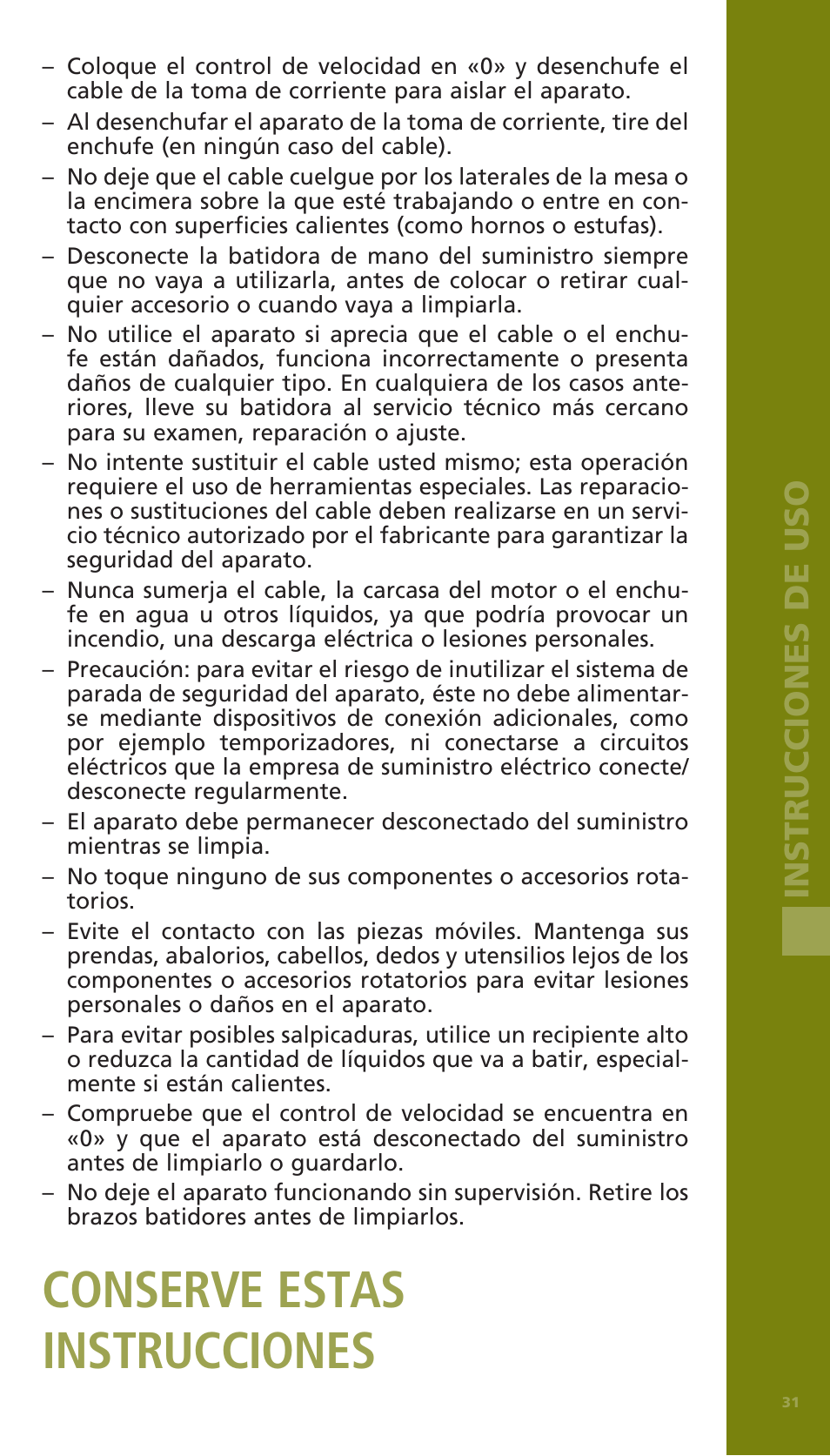 Conserve estas instrucciones, Instrucciones de uso | Bodum BISTRO Электрический миксер User Manual | Page 31 / 82