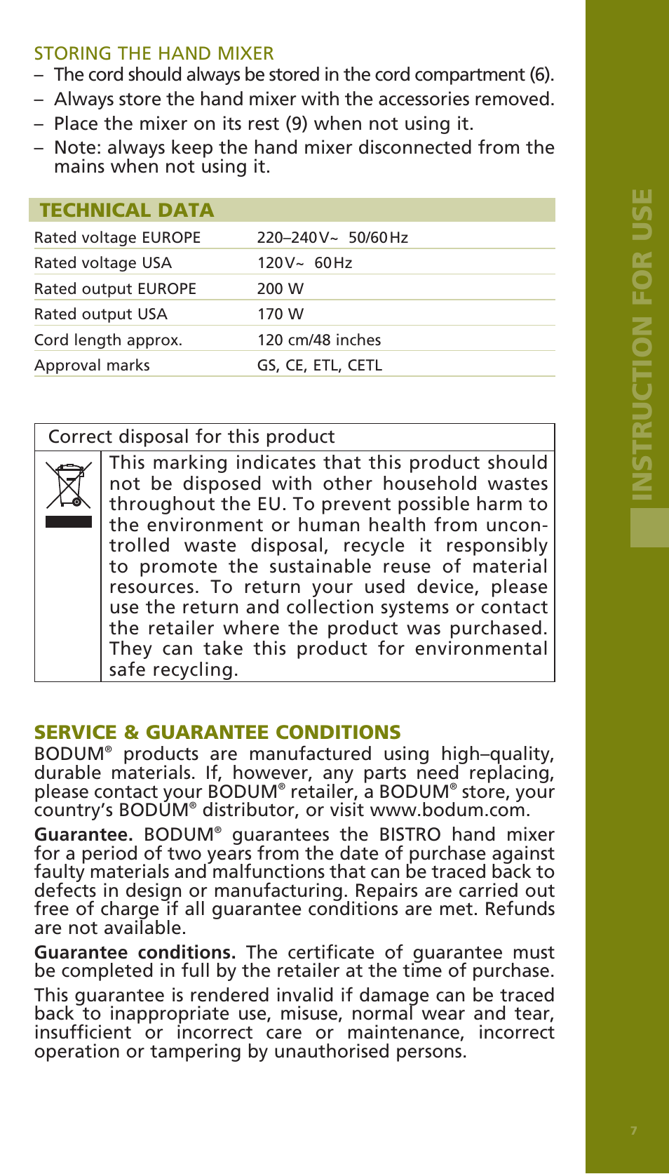 Instruction for use, Technical data, Service & guarantee conditions | Bodum BISTRO Электрический миксер User Manual | Page 8 / 82