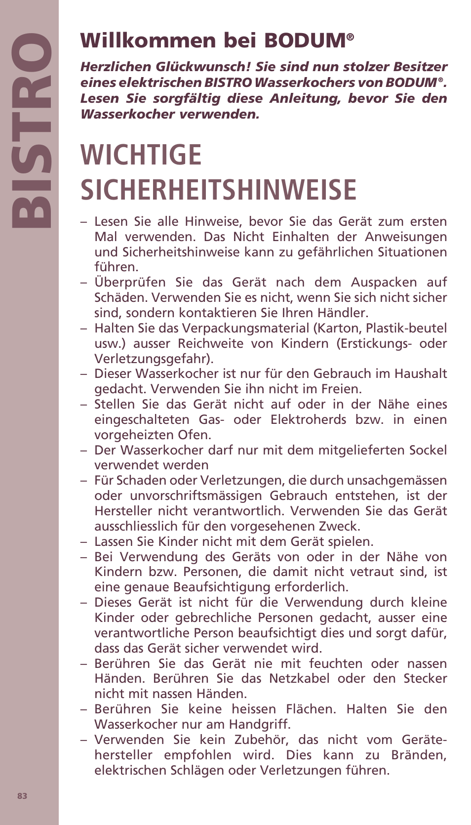 Bis tro, Wichtige sicherheitshinweise, Willkommen bei bodum | Bodum BISTRO Электрический чайник User Manual | Page 11 / 72