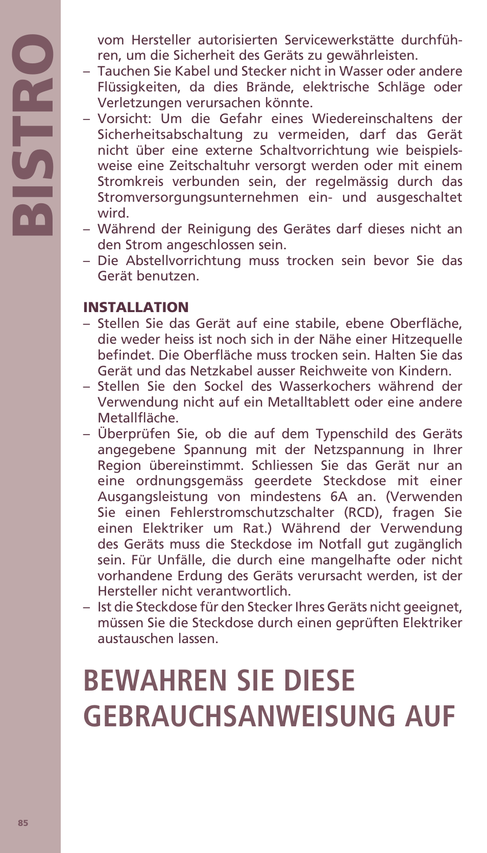 Bis tro, Bewahren sie diese gebrauchsanweisung auf | Bodum BISTRO Электрический чайник User Manual | Page 13 / 72