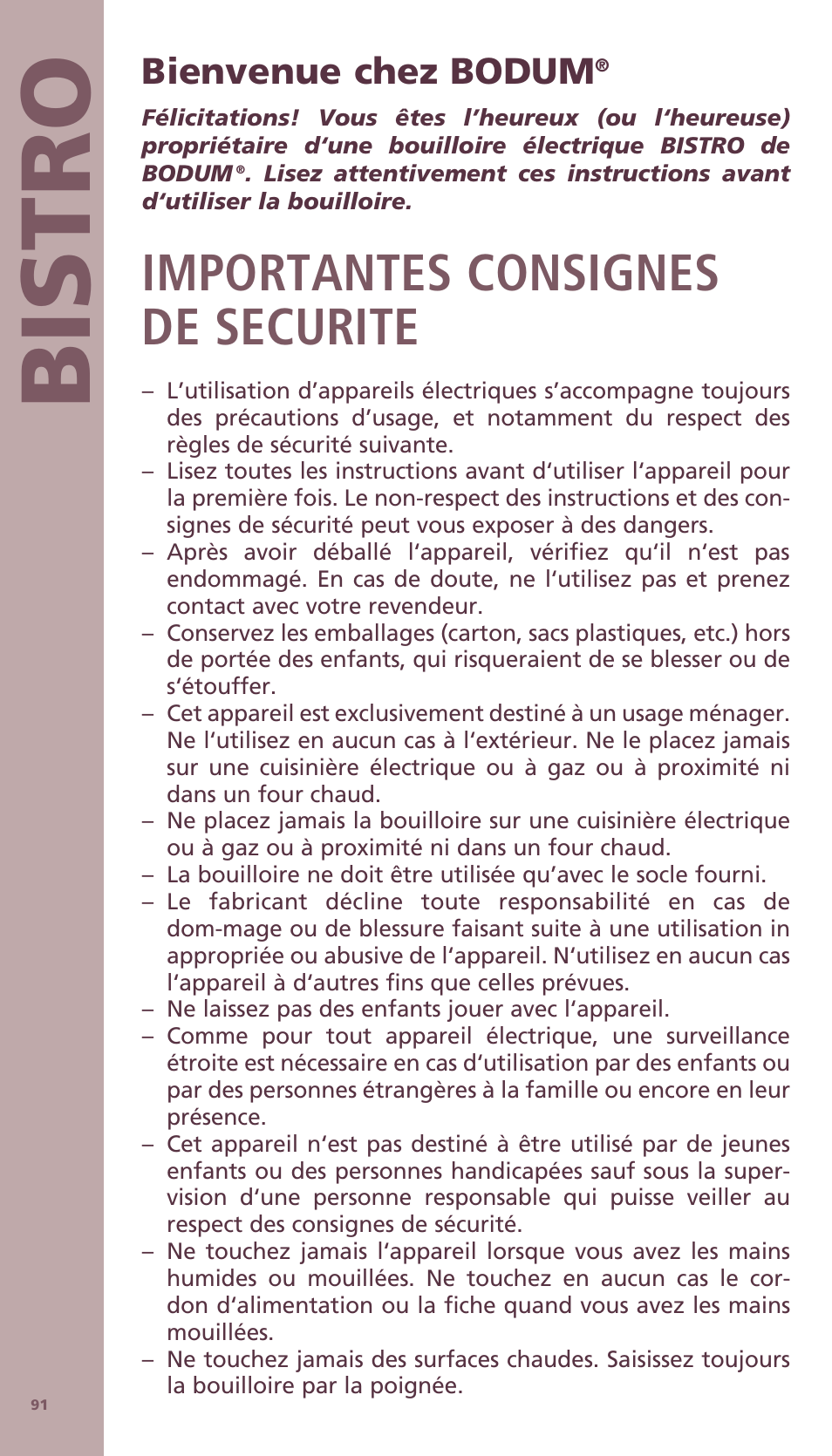 Bis tro, Importantes consignes de securite, Bienvenue chez bodum | Bodum BISTRO Электрический чайник User Manual | Page 19 / 72