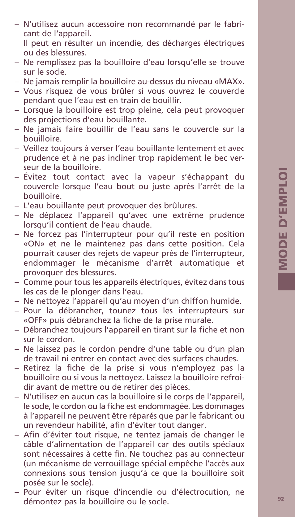 Mode d ’e m ploi | Bodum BISTRO Электрический чайник User Manual | Page 20 / 72
