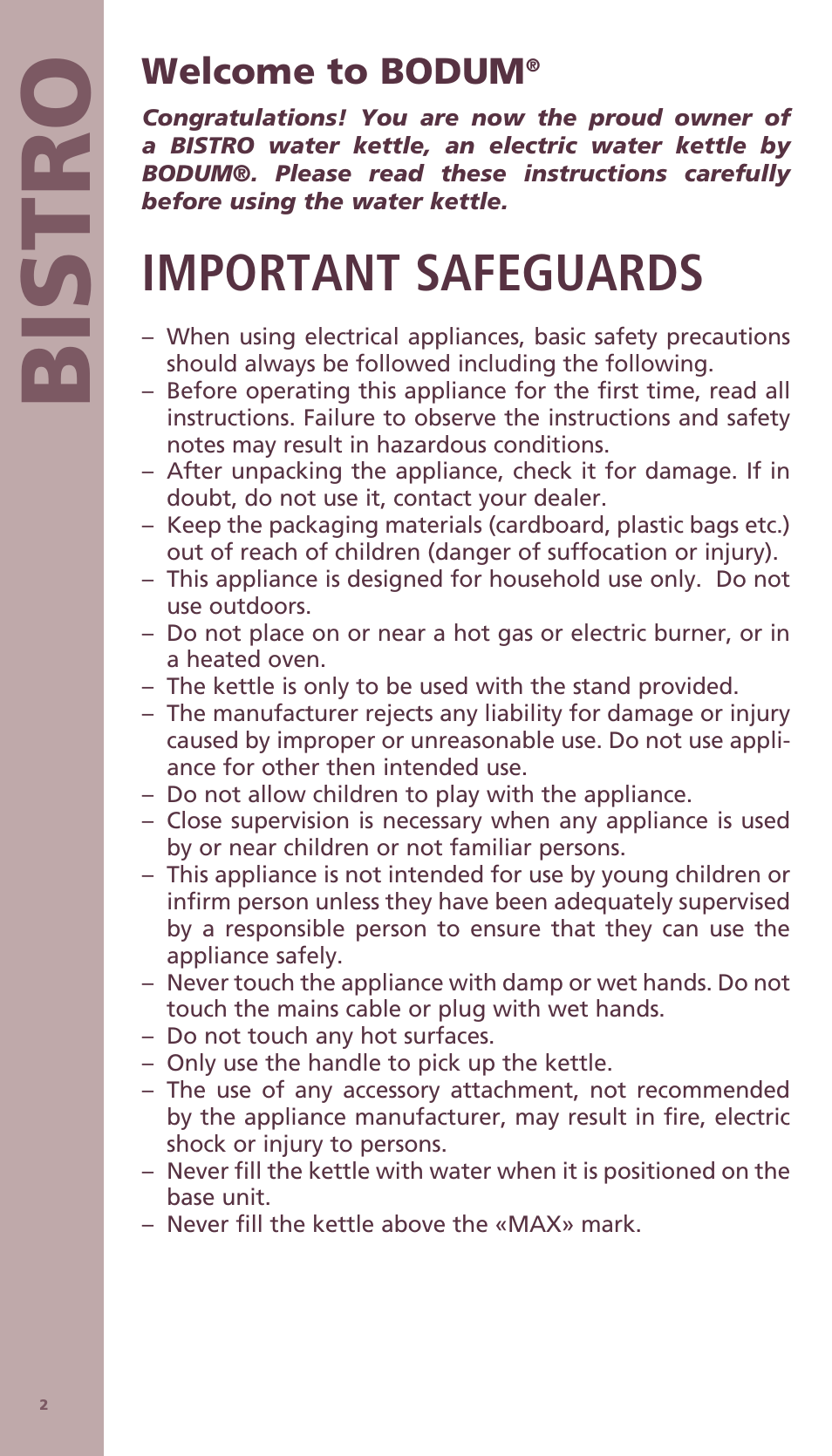 Bis tro, Important safeguards | Bodum BISTRO Электрический чайник User Manual | Page 3 / 72