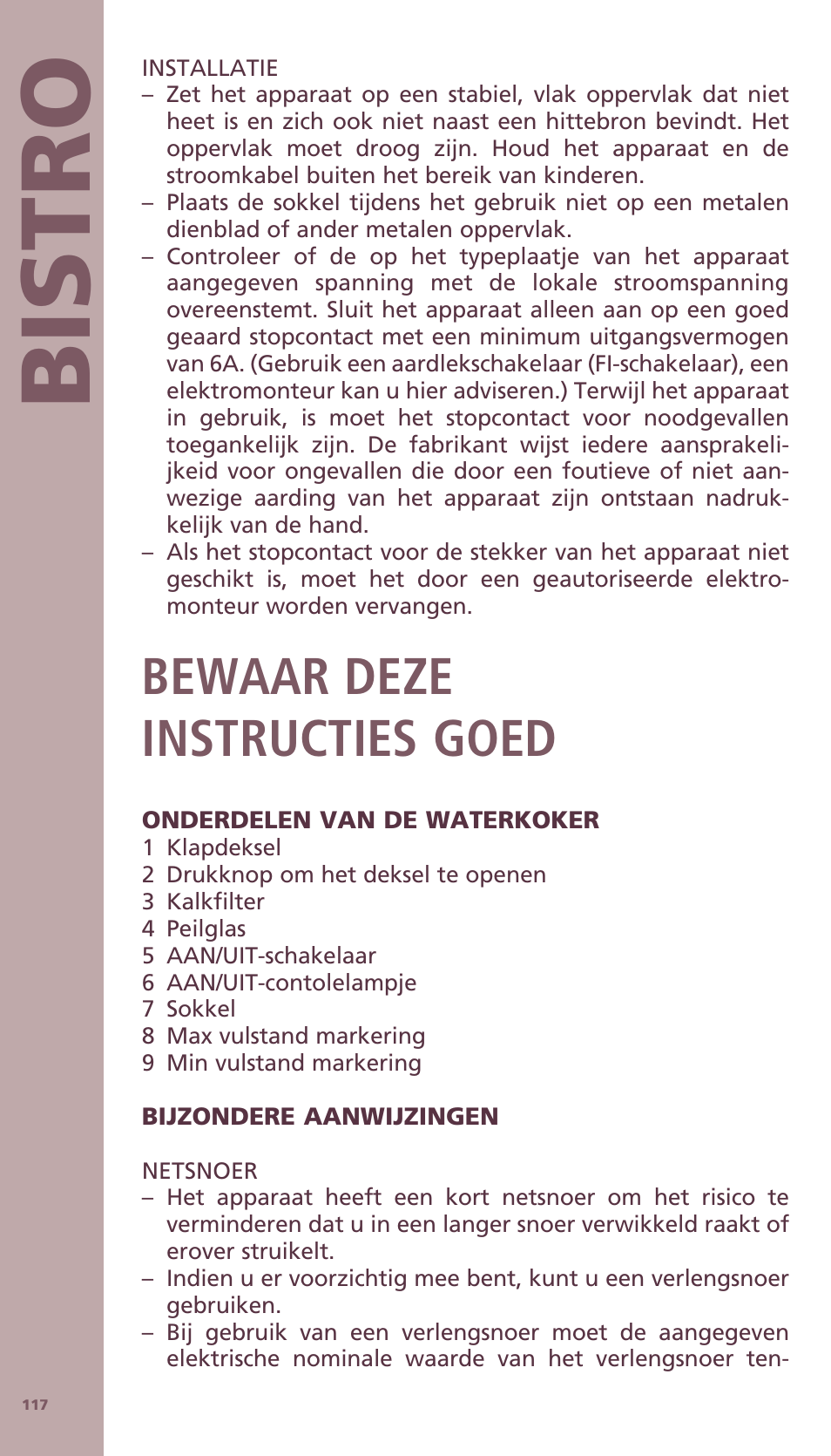 Bis tro, Bewaar deze instructies goed | Bodum BISTRO Электрический чайник User Manual | Page 45 / 72