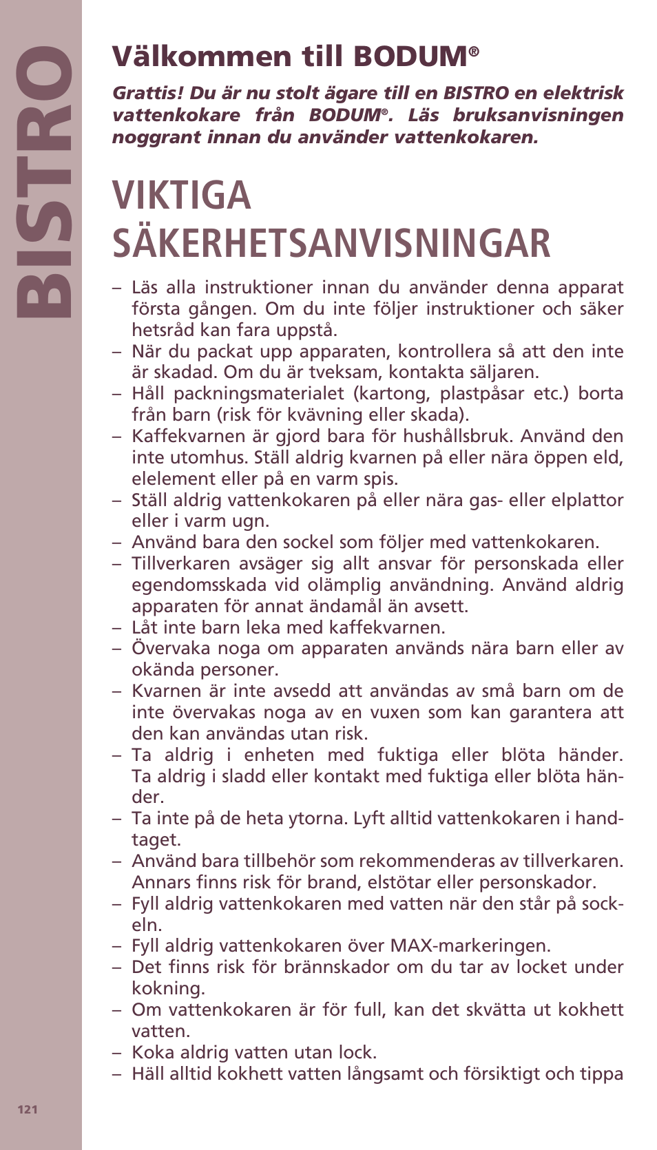 Bis tro, Viktiga säkerhetsanvisningar, Välkommen till bodum | Bodum BISTRO Электрический чайник User Manual | Page 49 / 72