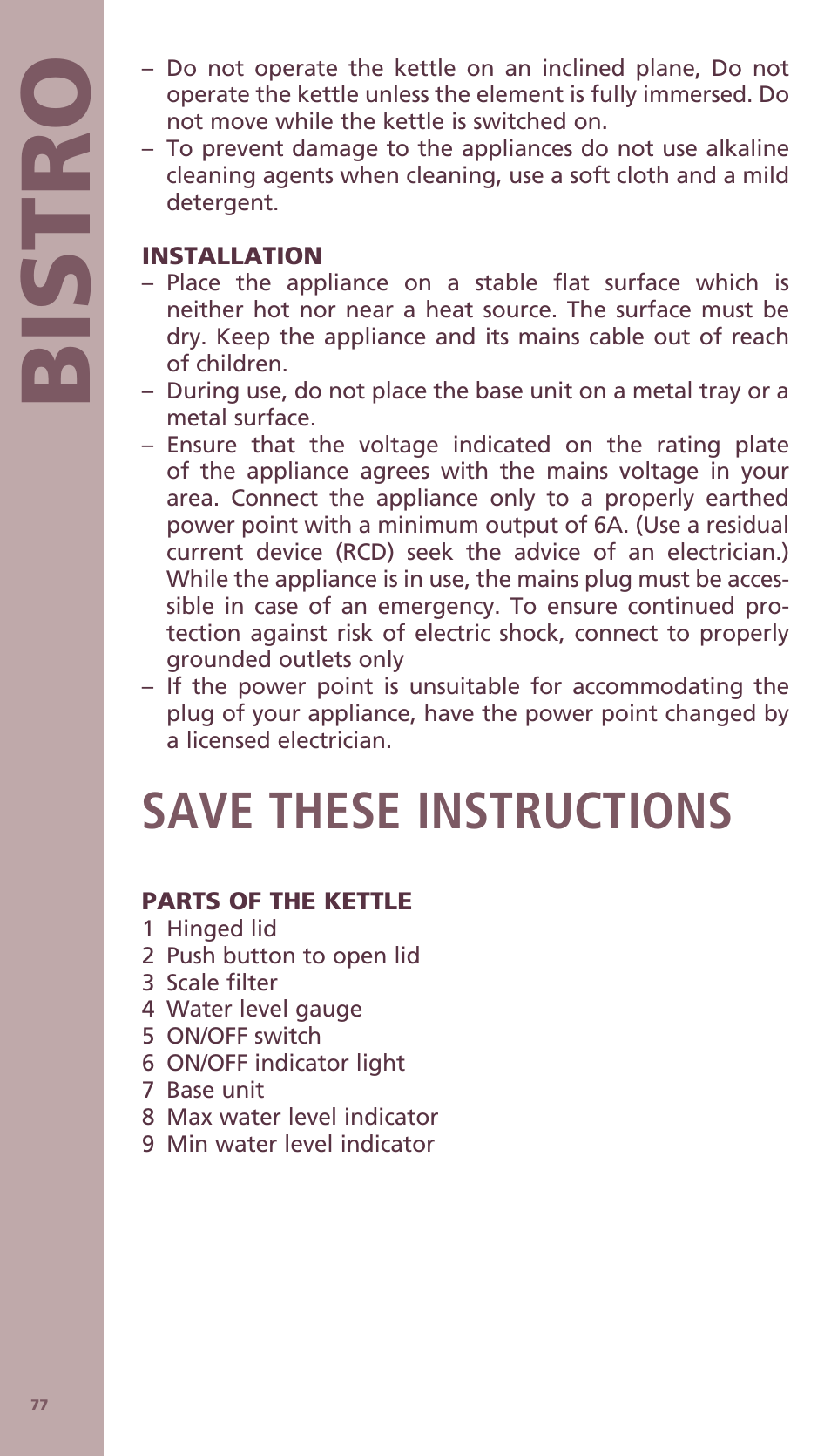 Bis tro, Save these instructions | Bodum BISTRO Электрический чайник User Manual | Page 5 / 72