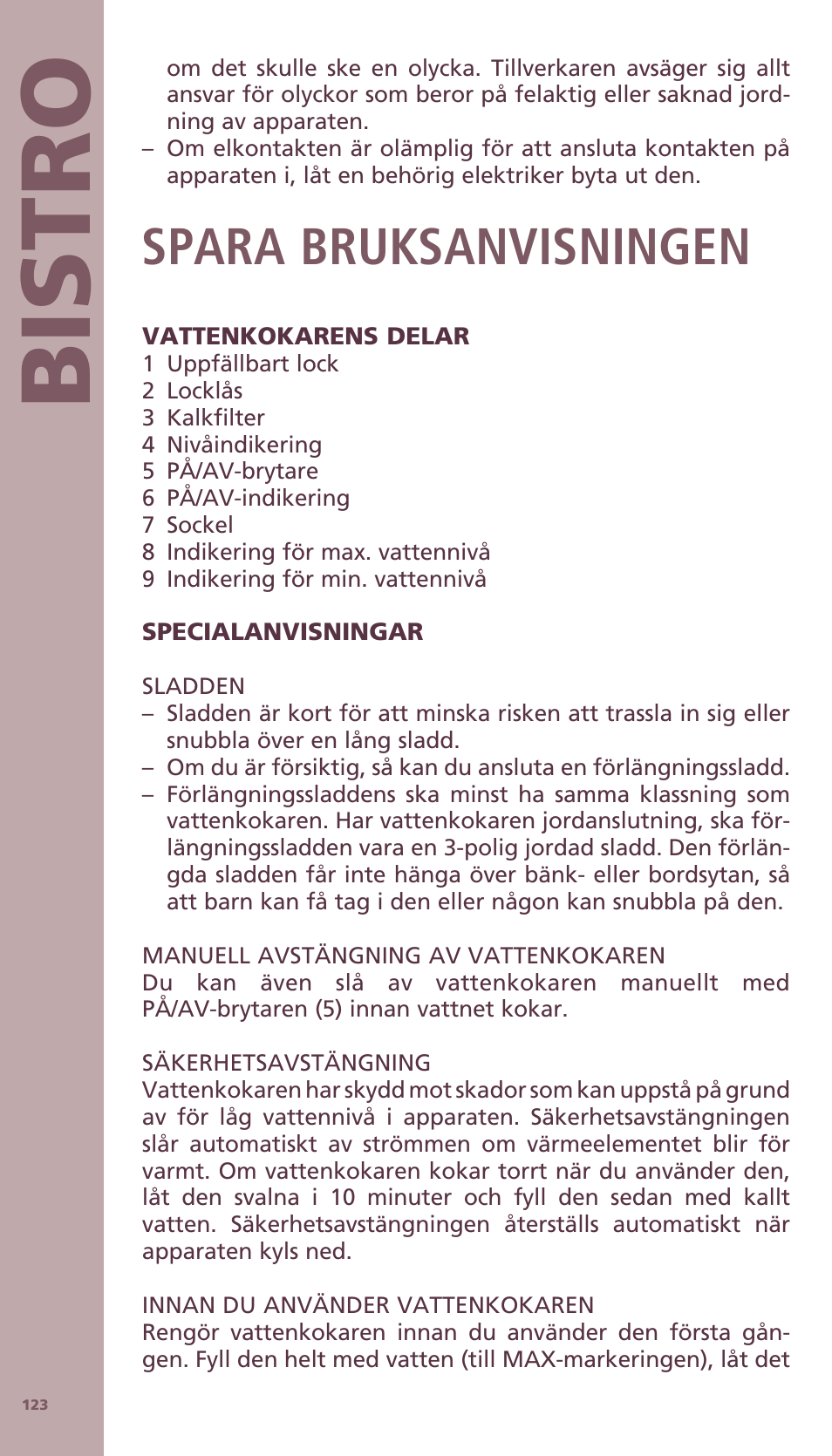 Bis tro, Spara bruksanvisningen | Bodum BISTRO Электрический чайник User Manual | Page 51 / 72