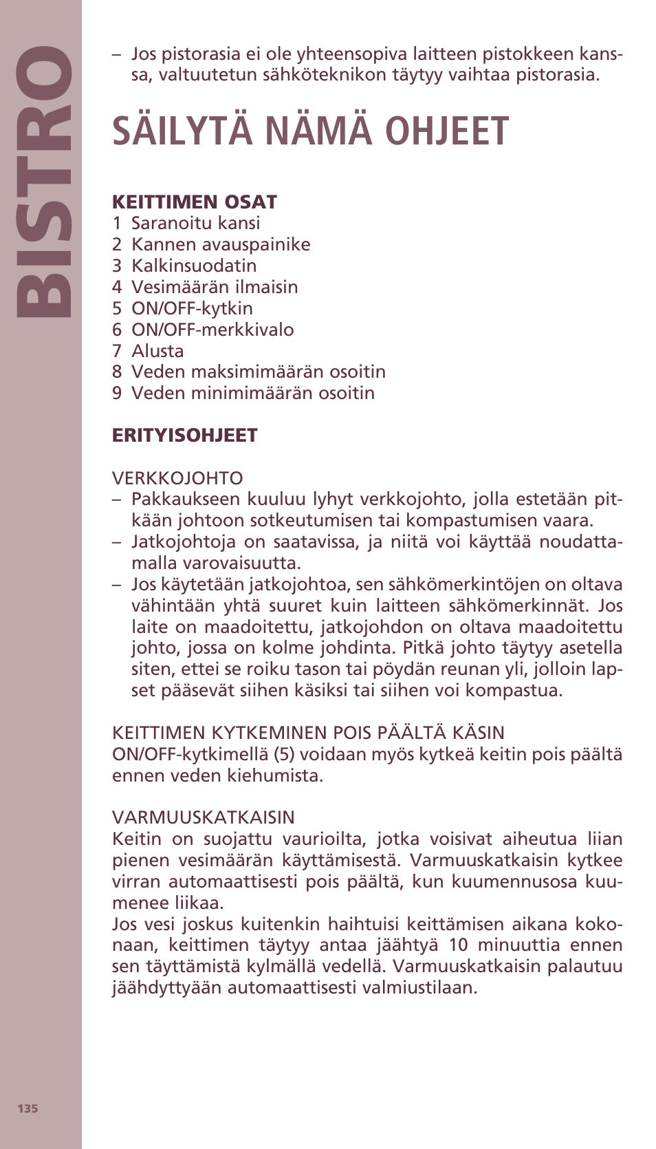 Bis tro, Säilytä nämä ohjeet | Bodum BISTRO Электрический чайник User Manual | Page 63 / 72