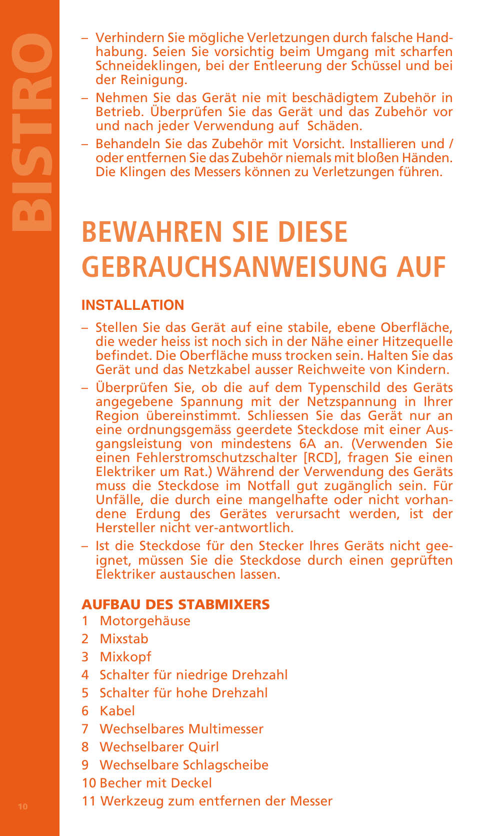 Bi stro, Bewahren sie diese gebrauchsanweisung auf | Bodum BISTRO Электрический блендер с комплектующими частями User Manual | Page 11 / 86