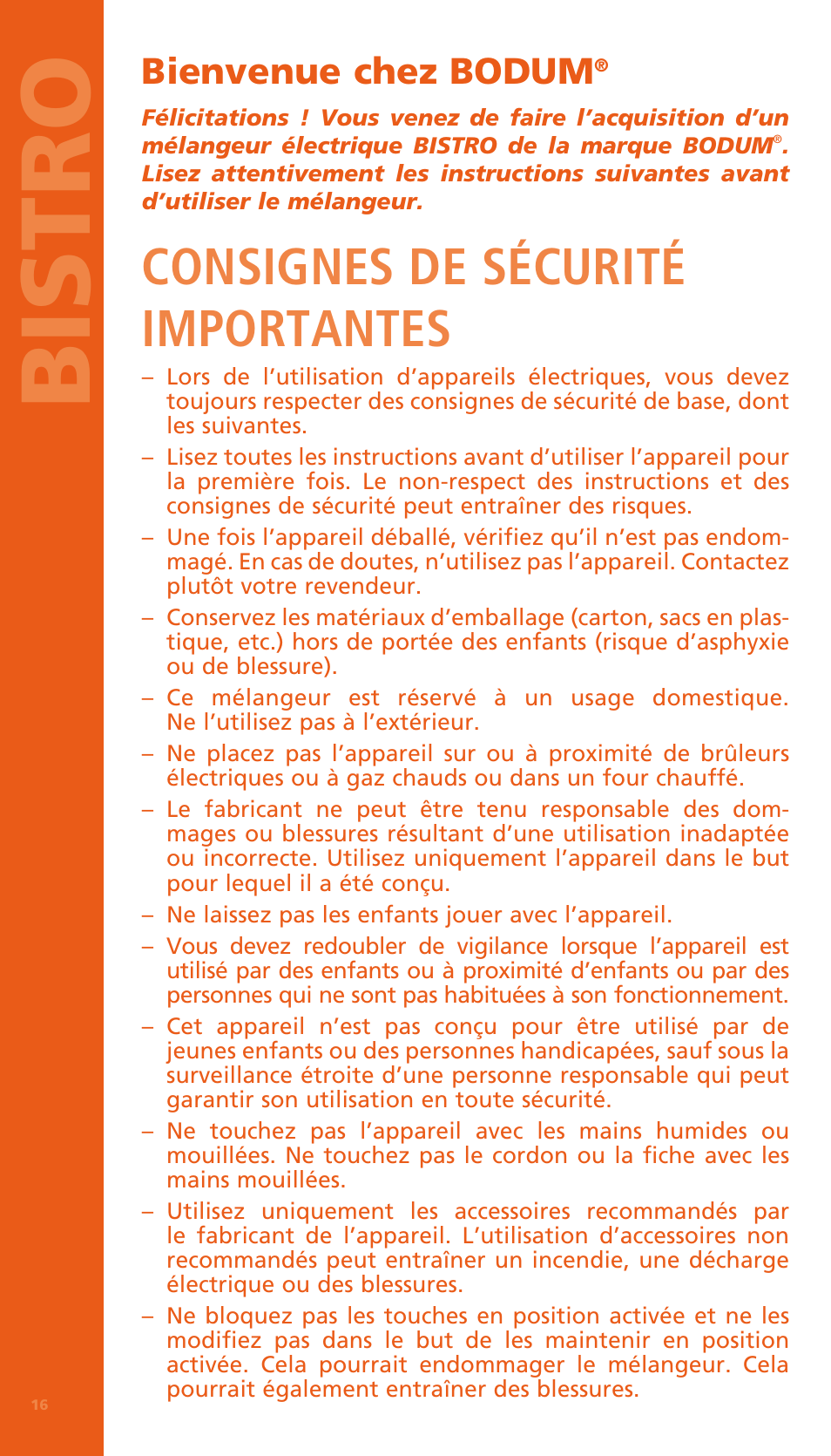 Bi stro, Consignes de sécurité importantes, Bienvenue chez bodum | Bodum BISTRO Электрический блендер с комплектующими частями User Manual | Page 17 / 86
