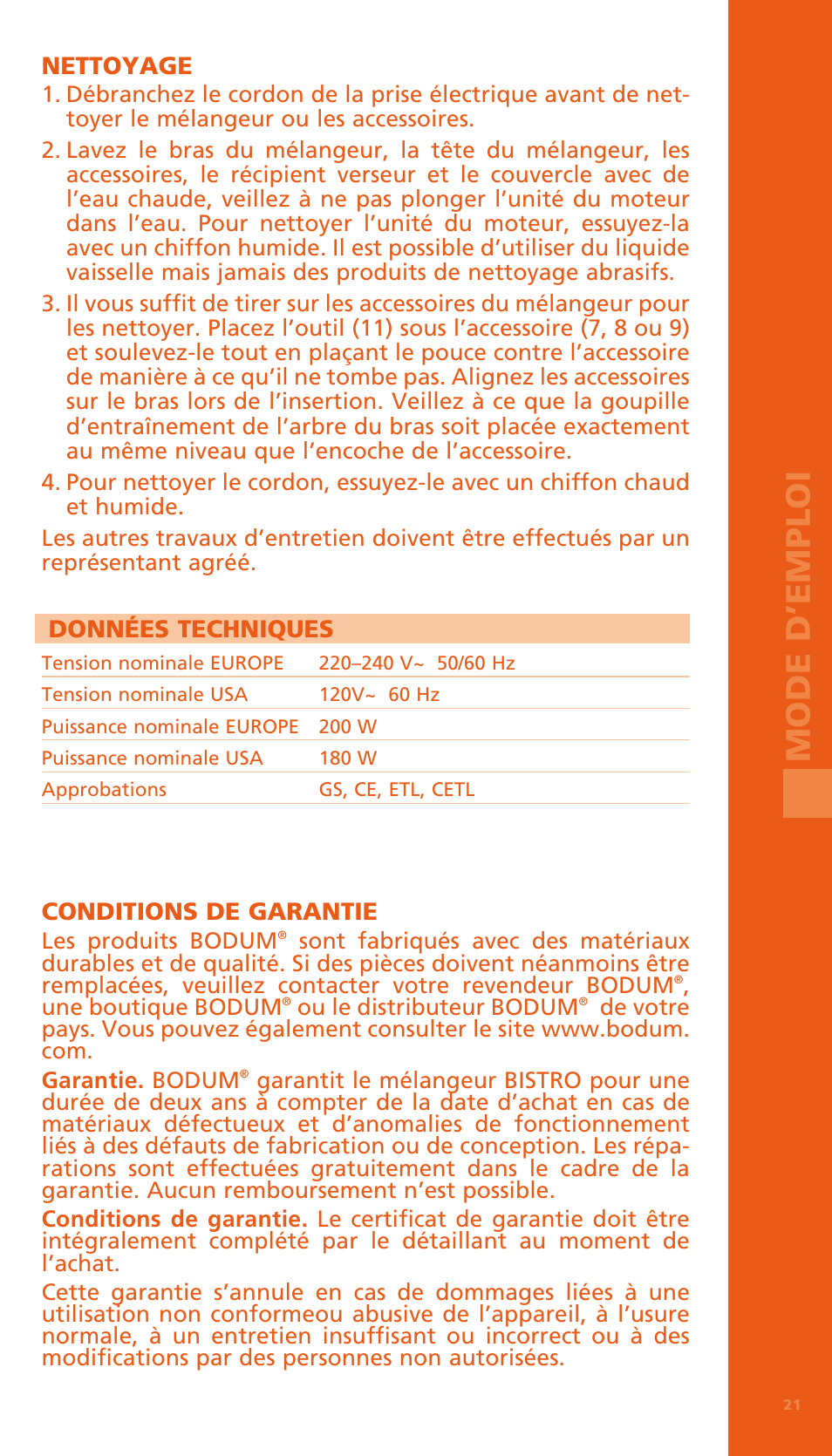 Mo d e d’ e mpl o i | Bodum BISTRO Электрический блендер с комплектующими частями User Manual | Page 22 / 86