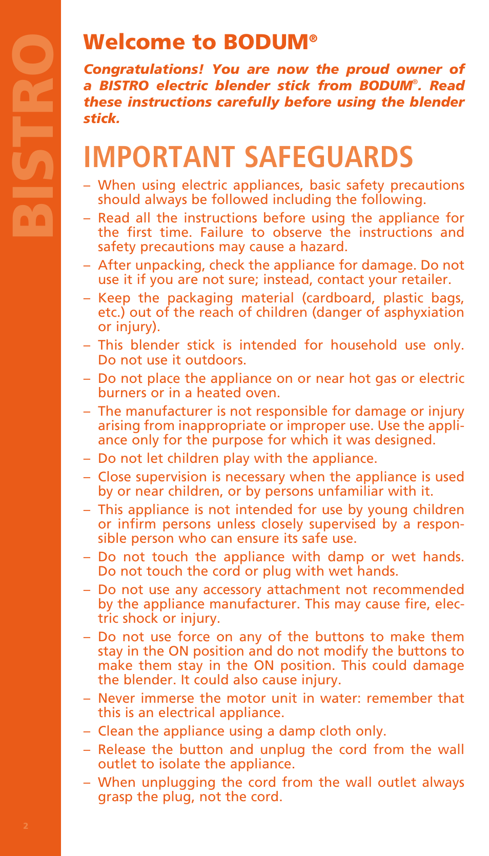 Bis tr o, Important safeguards, Welcome to bodum | Bodum BISTRO Электрический блендер с комплектующими частями User Manual | Page 3 / 86