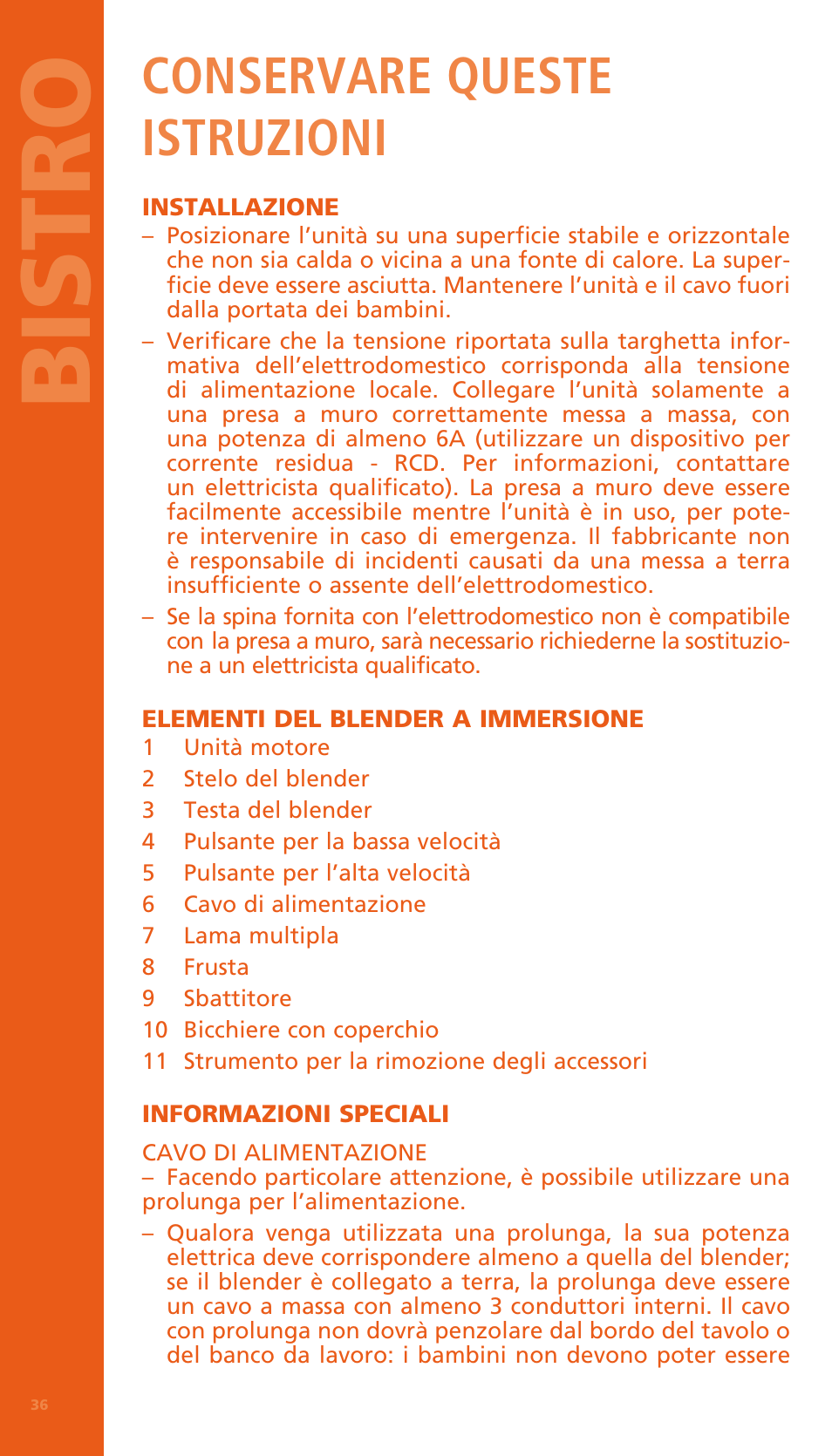 Bi stro, Conservare queste istruzioni | Bodum BISTRO Электрический блендер с комплектующими частями User Manual | Page 37 / 86