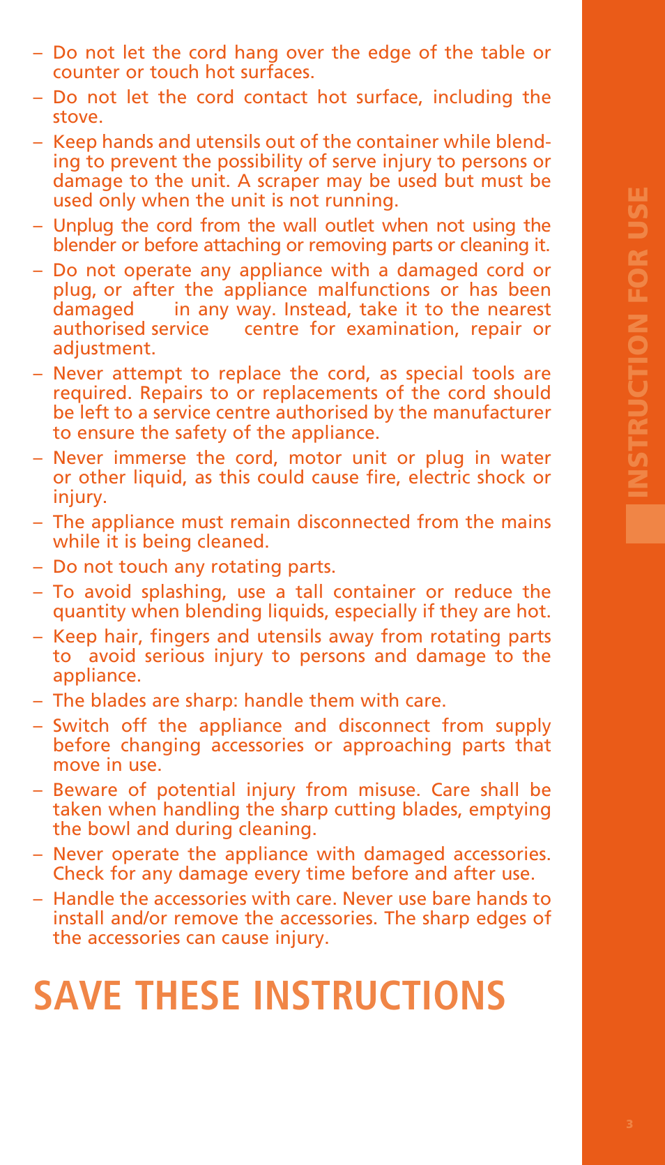 Save these instructions, Instruct ion for use | Bodum BISTRO Электрический блендер с комплектующими частями User Manual | Page 4 / 86