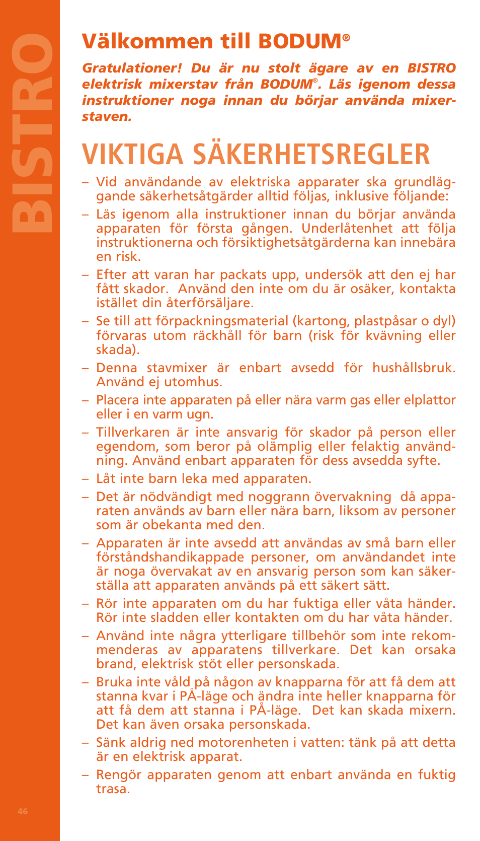 Bi stro, Viktiga säkerhetsregler, Välkommen till bodum | Bodum BISTRO Электрический блендер с комплектующими частями User Manual | Page 47 / 86