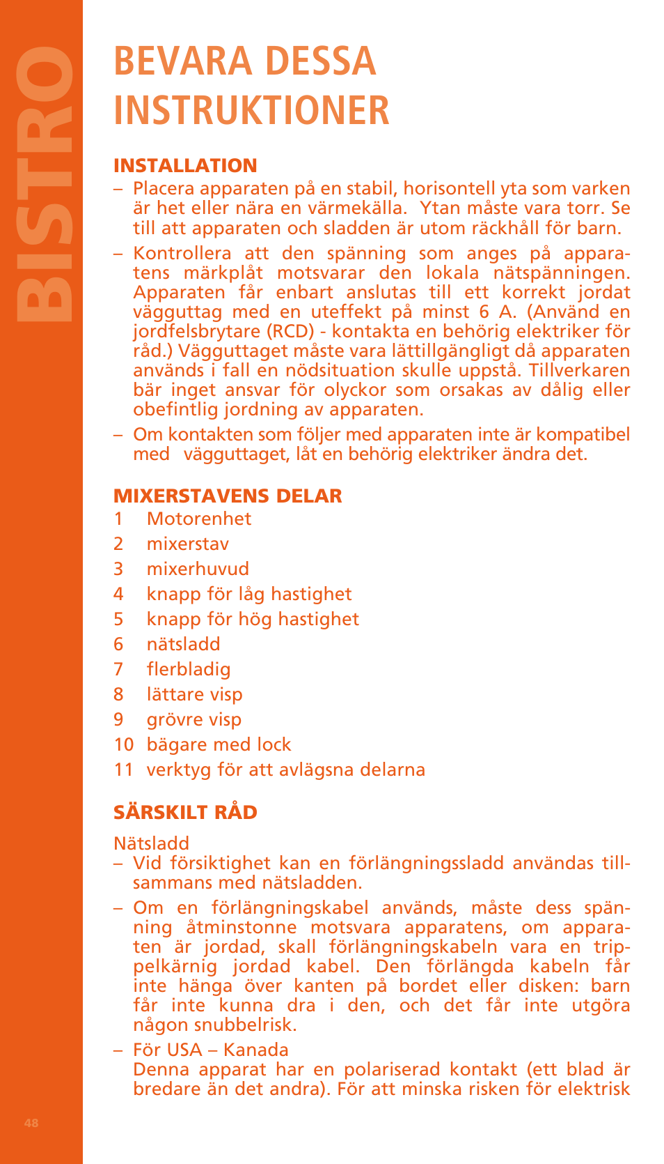 Bi stro, Bevara dessa instruktioner | Bodum BISTRO Электрический блендер с комплектующими частями User Manual | Page 49 / 86