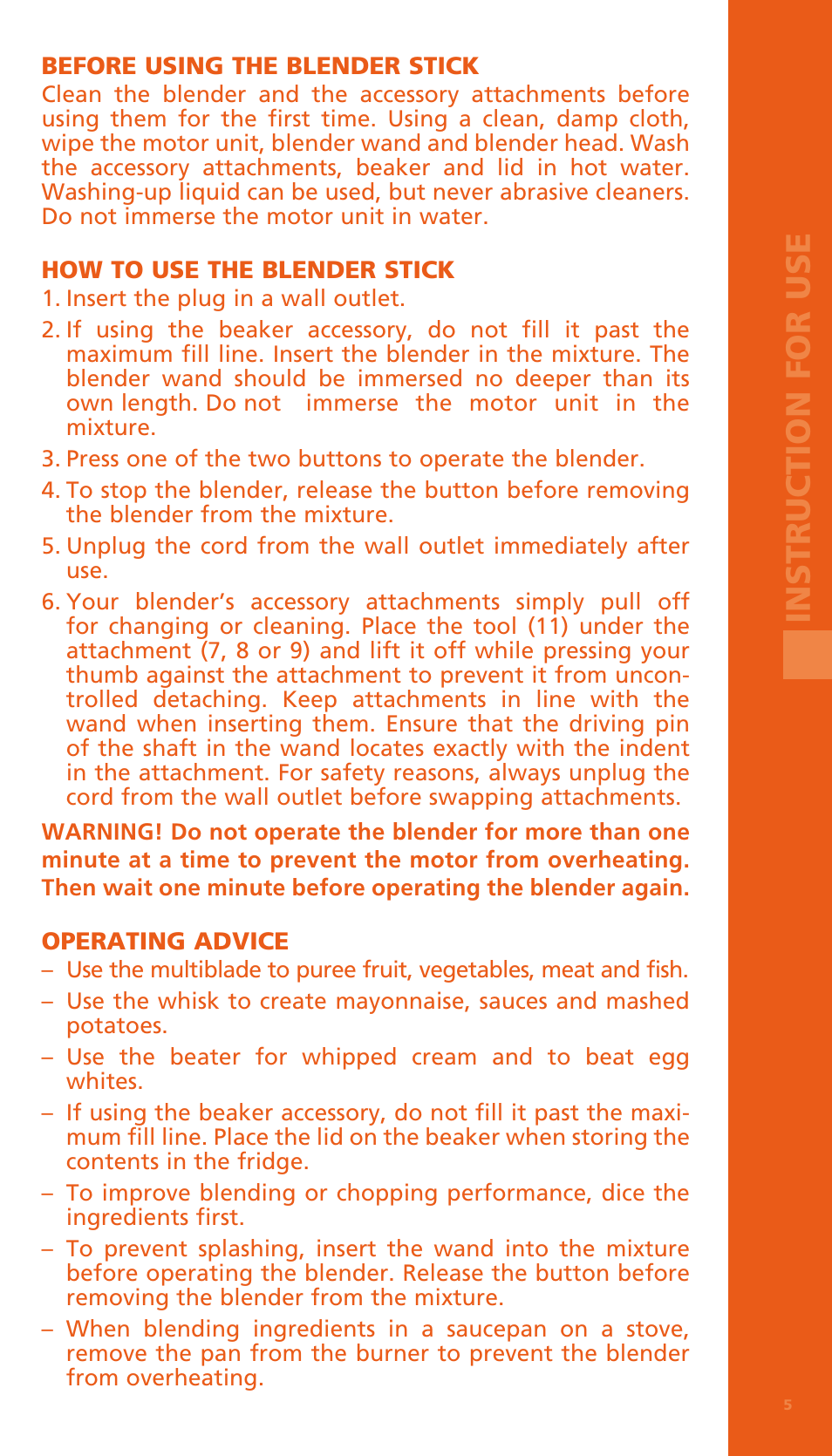 Instruct ion for use | Bodum BISTRO Электрический блендер с комплектующими частями User Manual | Page 6 / 86