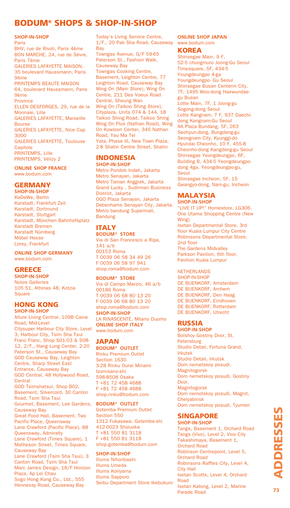 Add resses, Bodum, Shops & shop-in-shop | Bodum BISTRO Электрический блендер с комплектующими частями User Manual | Page 84 / 86