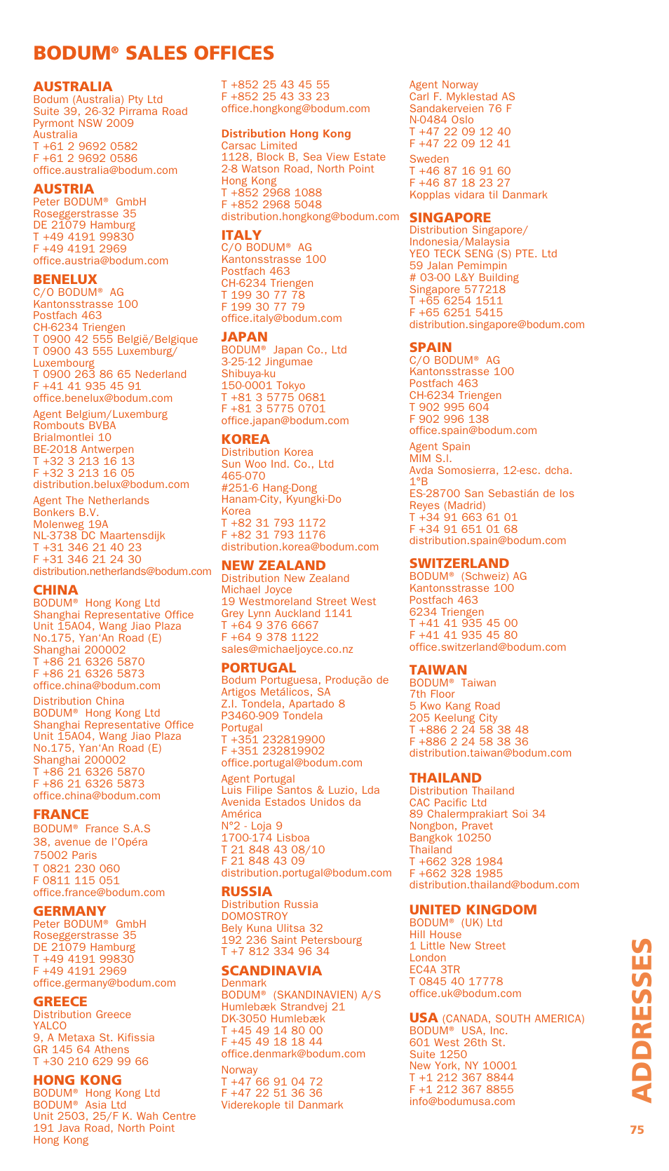 Ad dre ss e s, Bodum, Sales offices | Bodum BISTRO Электрический блендер с комплектующими частями User Manual | Page 86 / 86