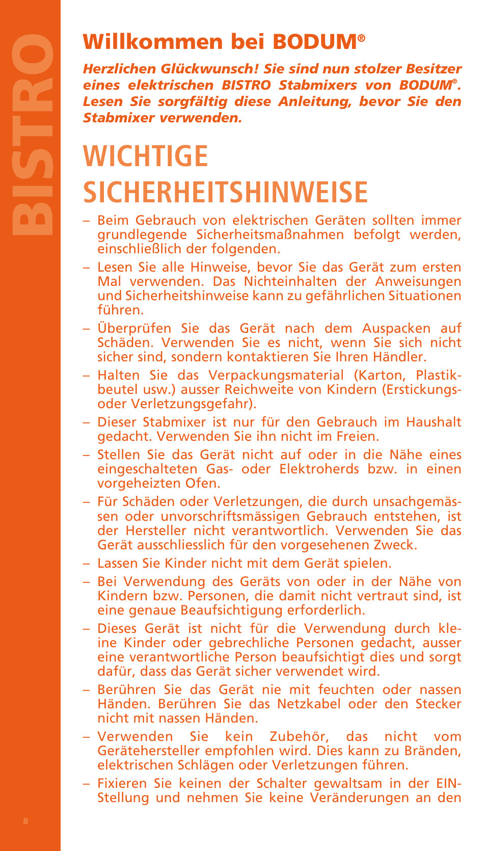 Bi stro, Wichtige sicherheitshinweise, Willkommen bei bodum | Bodum BISTRO Электрический блендер с комплектующими частями User Manual | Page 9 / 86