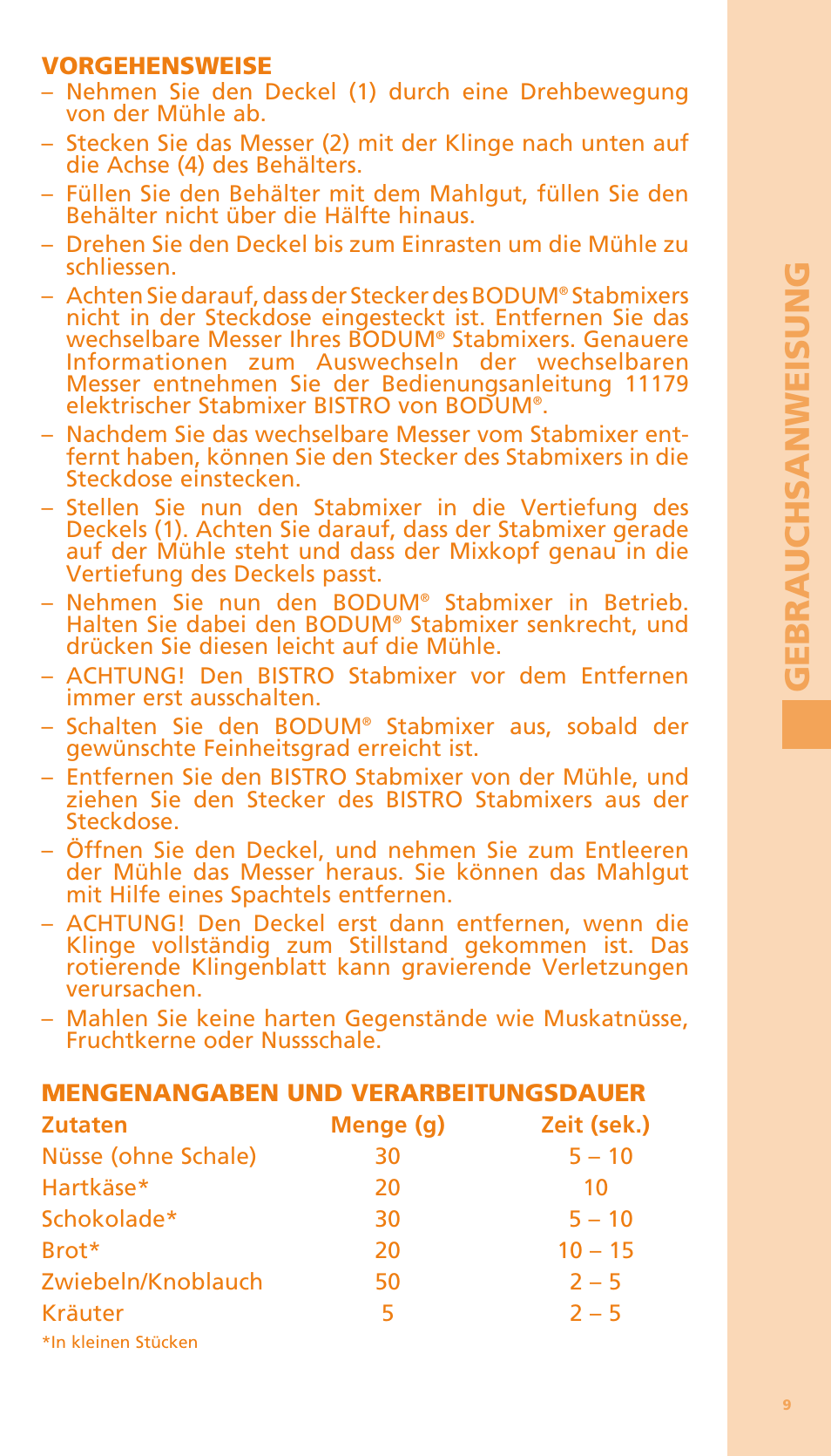 Ge b rauc h san w e isung | Bodum BISTRO Мельница и фиксатор для блендера "BISTRO" User Manual | Page 10 / 65