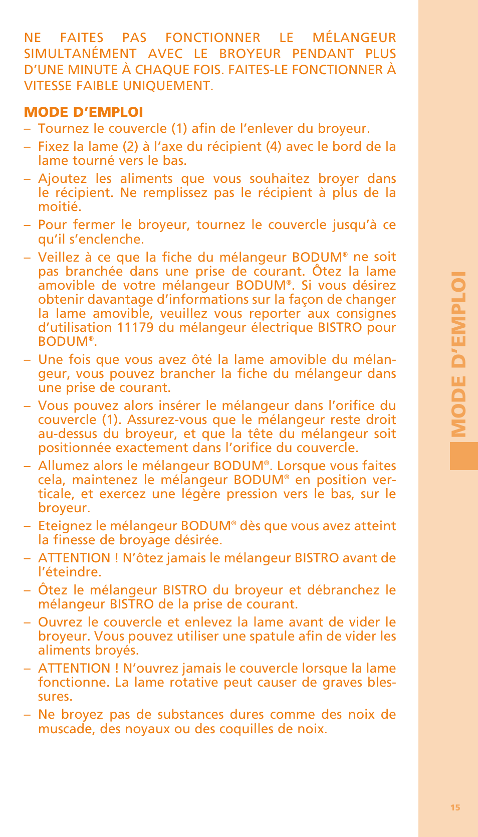Mo d e d’ e mpl o i | Bodum BISTRO Мельница и фиксатор для блендера "BISTRO" User Manual | Page 16 / 65