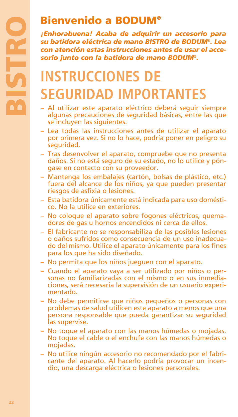 Bi stro, Instrucciones de seguridad importantes, Bienvenido a bodum | Bodum BISTRO Мельница и фиксатор для блендера "BISTRO" User Manual | Page 23 / 65