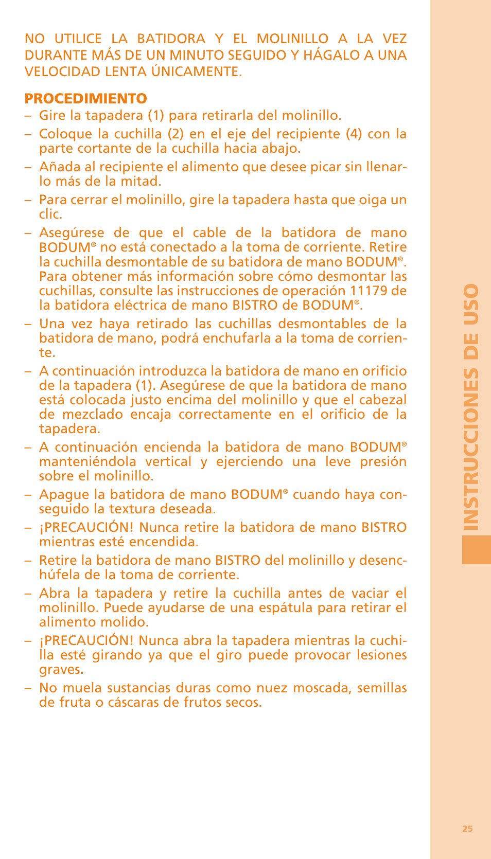 Instrucc iones d e uso | Bodum BISTRO Мельница и фиксатор для блендера "BISTRO" User Manual | Page 26 / 65