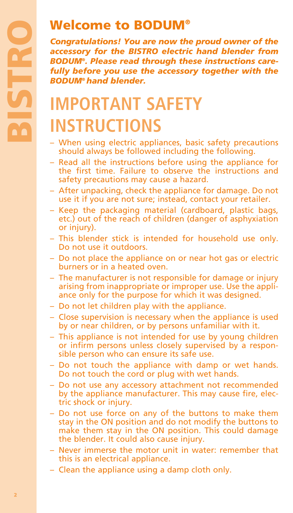Bistro, Important safety instructions, Welcome to bodum | Bodum BISTRO Мельница и фиксатор для блендера "BISTRO" User Manual | Page 3 / 65