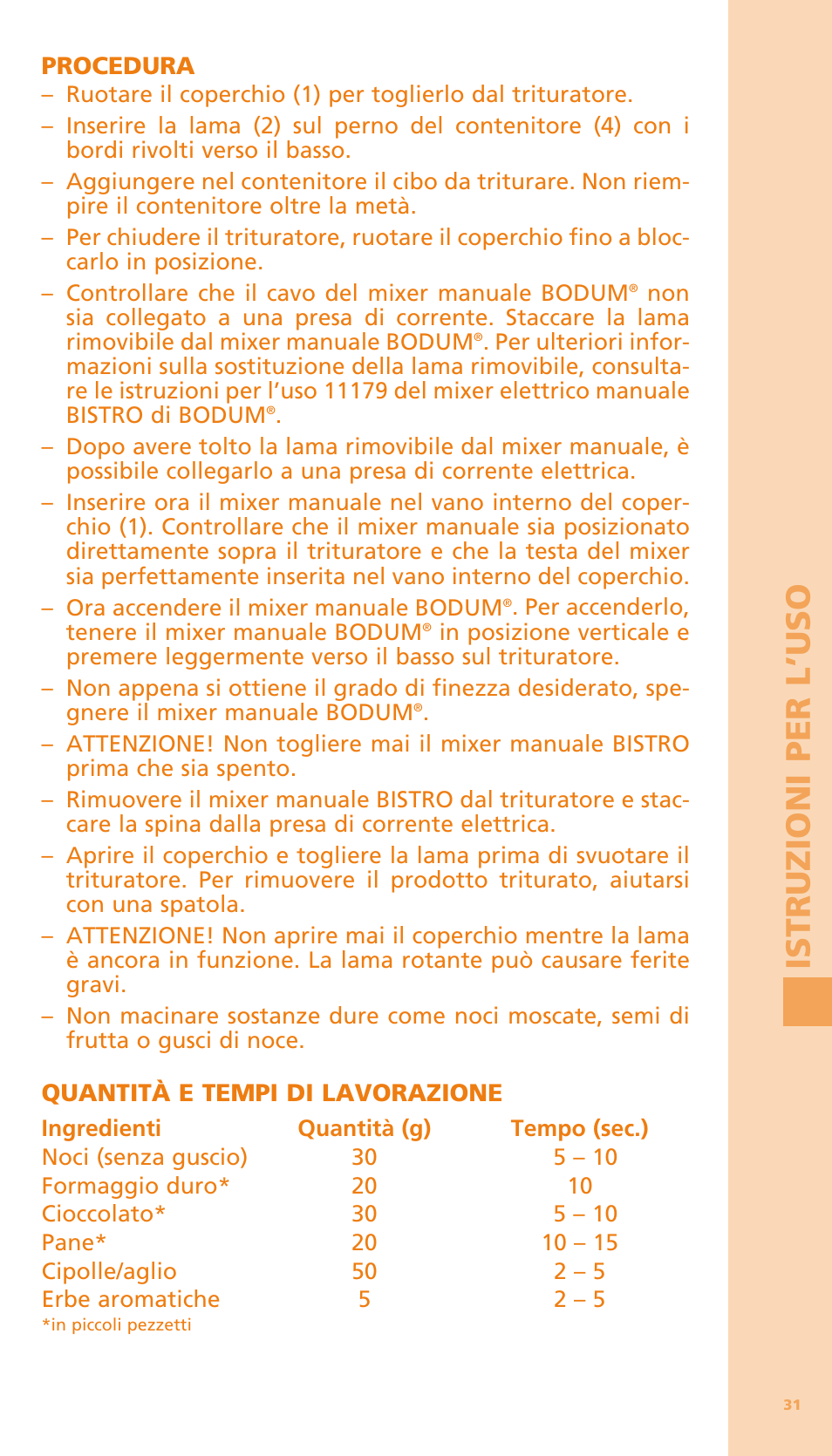 Istru zi on i p er l’ uso | Bodum BISTRO Мельница и фиксатор для блендера "BISTRO" User Manual | Page 32 / 65