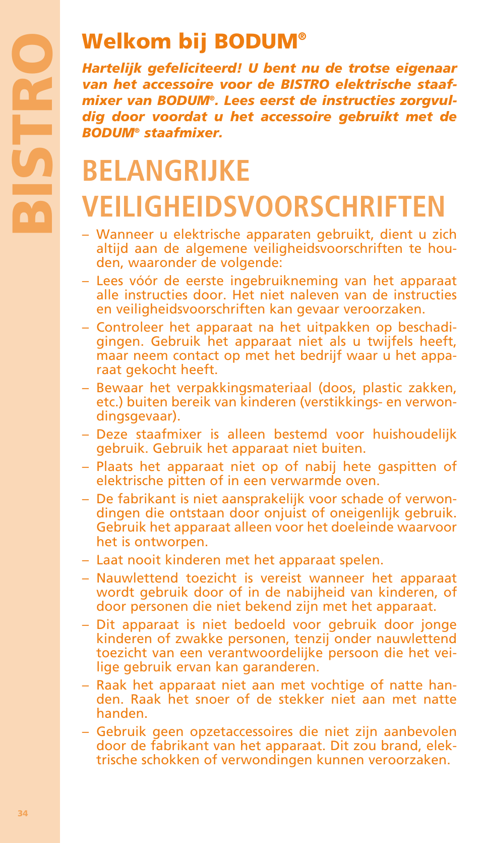 Bi stro, Belangrijke veiligheidsvoorschriften, Welkom bij bodum | Bodum BISTRO Мельница и фиксатор для блендера "BISTRO" User Manual | Page 35 / 65