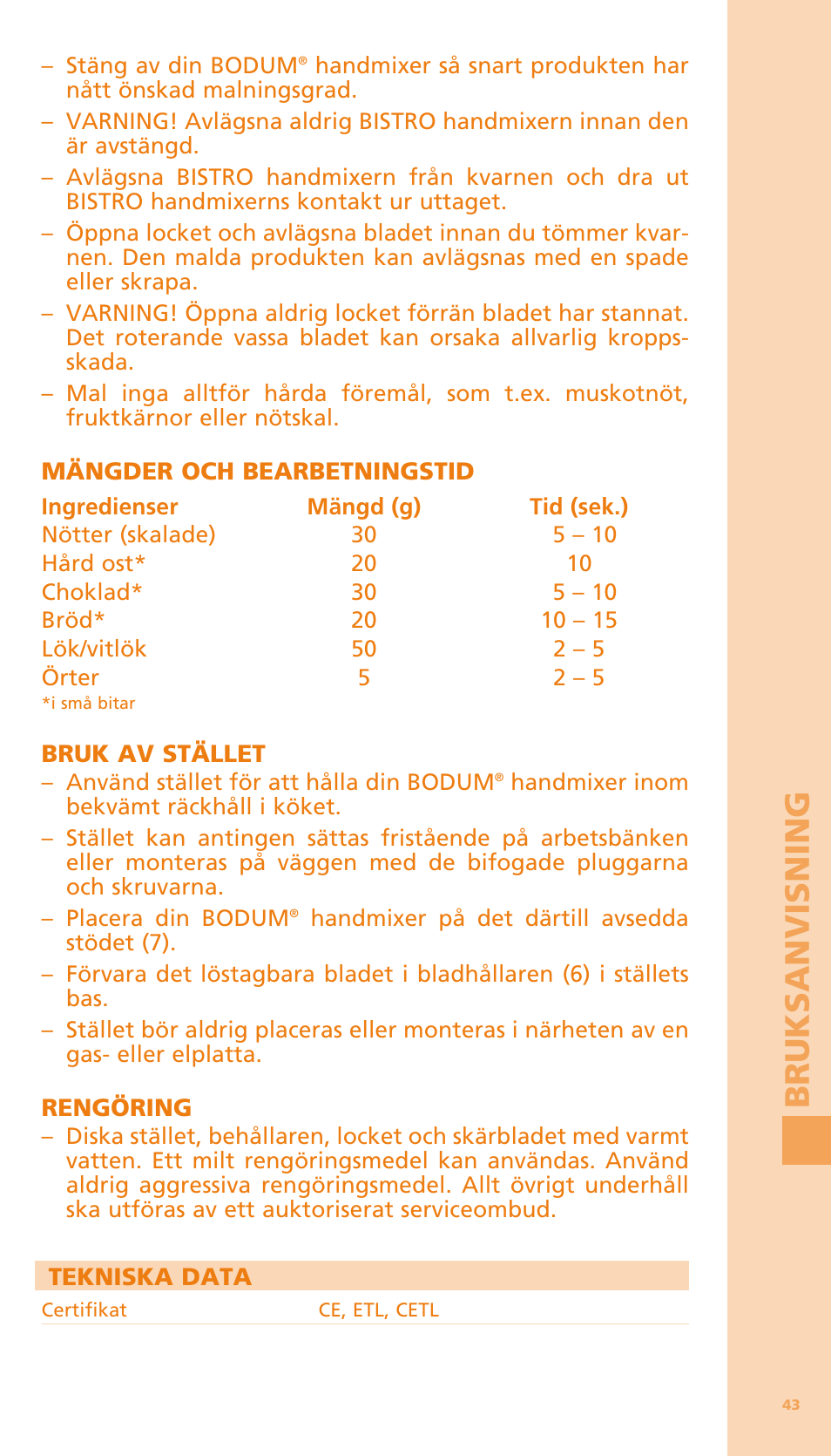 Bru k san vi sn ing | Bodum BISTRO Мельница и фиксатор для блендера "BISTRO" User Manual | Page 44 / 65