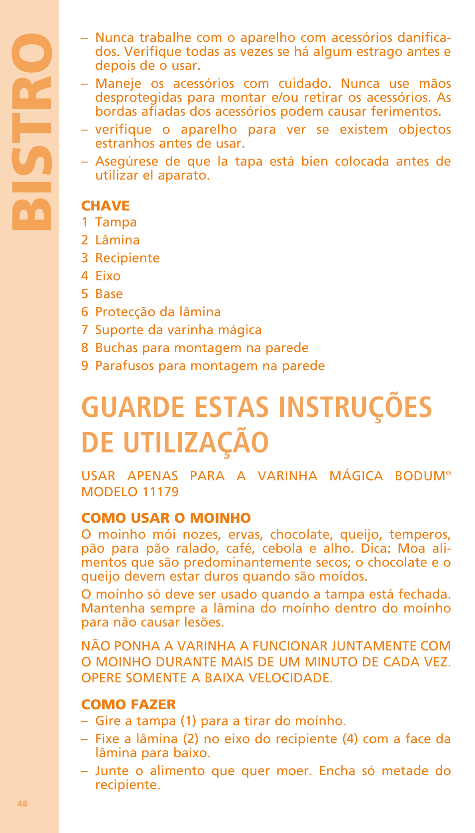 Bi stro, Guarde estas instruções de utilização | Bodum BISTRO Мельница и фиксатор для блендера "BISTRO" User Manual | Page 47 / 65