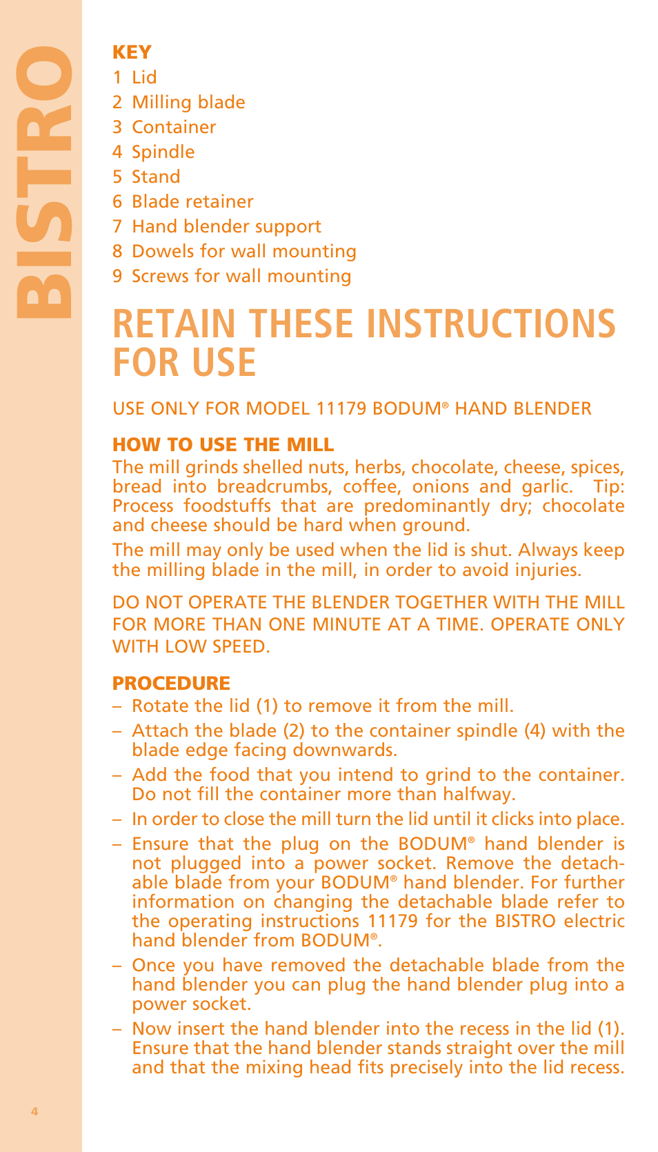 Bi stro, Retain these instructions for use | Bodum BISTRO Мельница и фиксатор для блендера "BISTRO" User Manual | Page 5 / 65