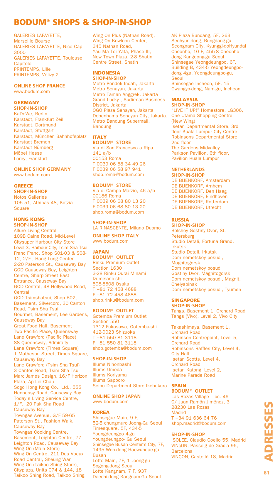 Ad resses, Bodum, Shops & shop-in-shop | Bodum BISTRO Мельница и фиксатор для блендера "BISTRO" User Manual | Page 62 / 65