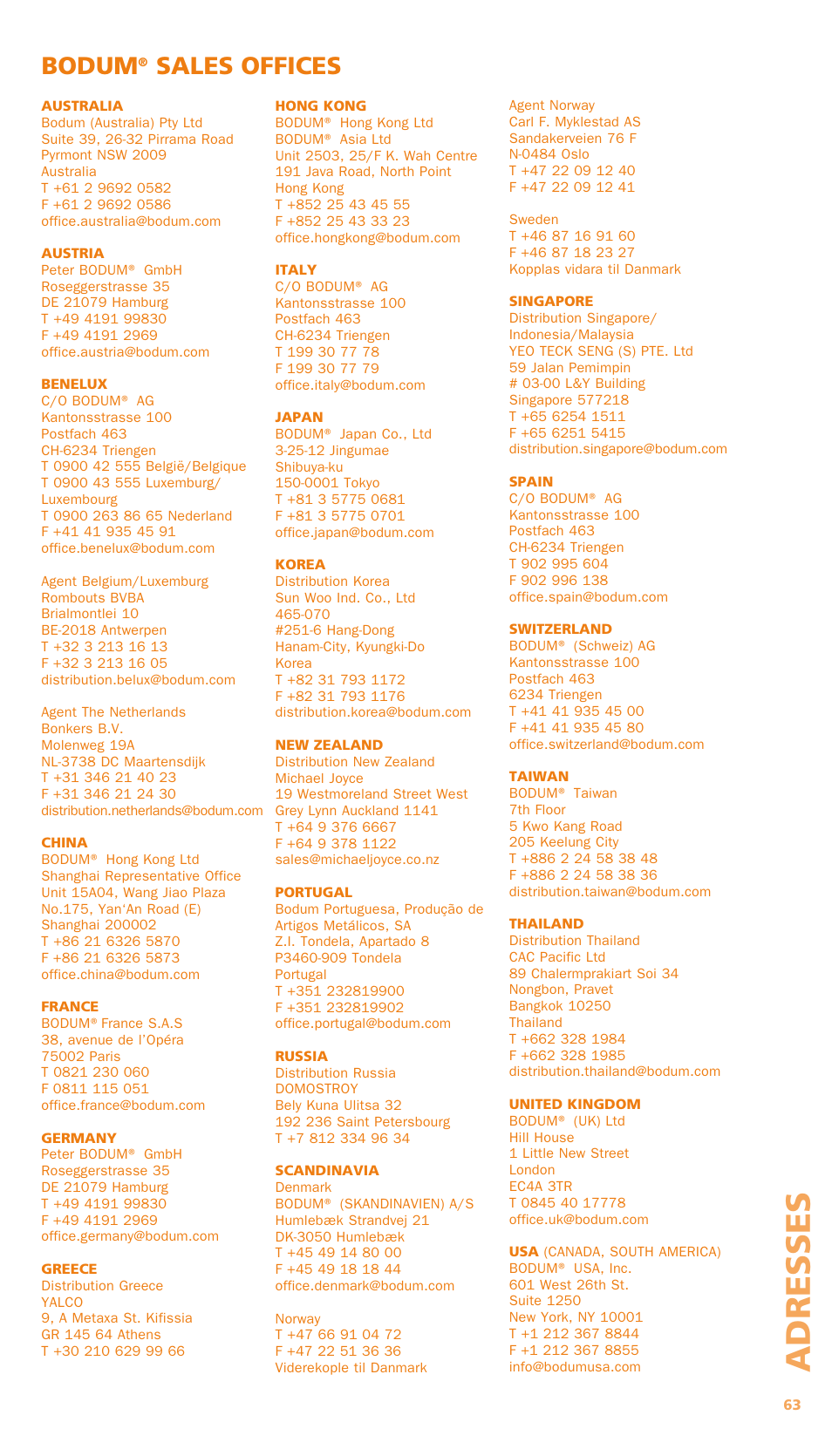 Adresses, Bodum, Sales offices | Bodum BISTRO Мельница и фиксатор для блендера "BISTRO" User Manual | Page 64 / 65