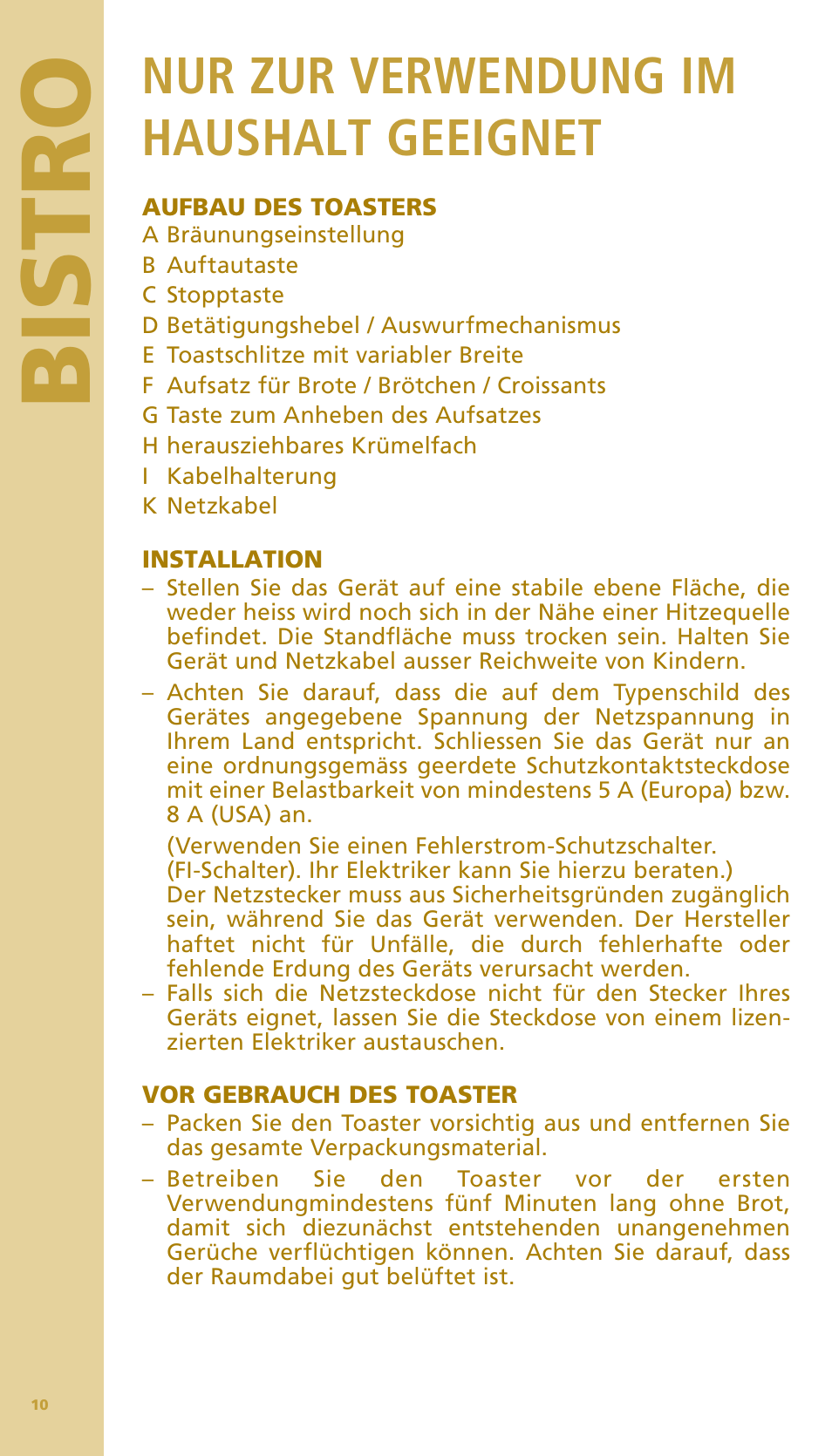 Bis tr o, Nur zur verwendung im haushalt geeignet | Bodum BISTRO Тостер User Manual | Page 11 / 84