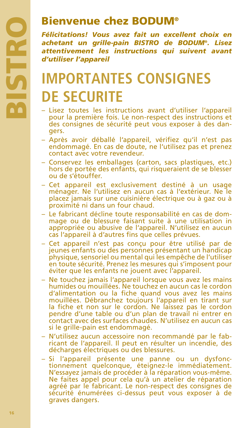 Bis tr o, Importantes consignes de securite, Bienvenue chez bodum | Bodum BISTRO Тостер User Manual | Page 17 / 84