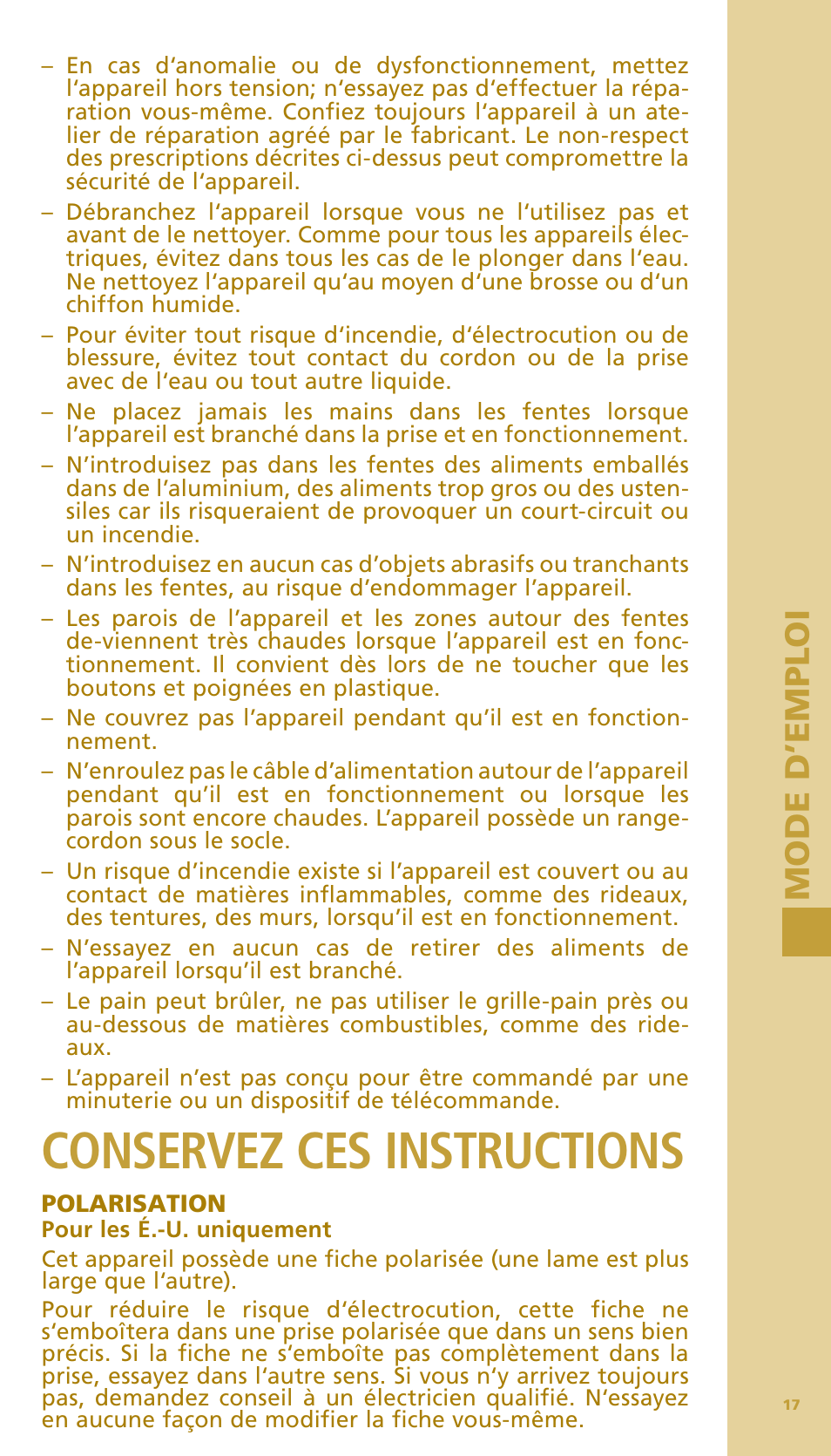 Conservez ces instructions, Mod e d ’em ploi m od e d ’em ploi | Bodum BISTRO Тостер User Manual | Page 18 / 84