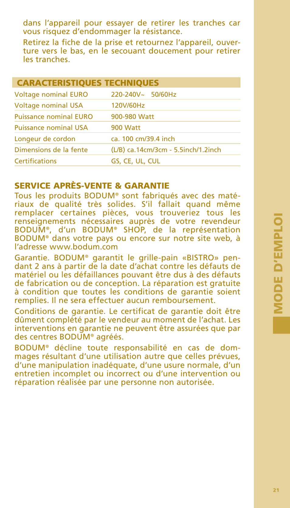 Mod e d ’em ploi m od e d ’em ploi | Bodum BISTRO Тостер User Manual | Page 22 / 84
