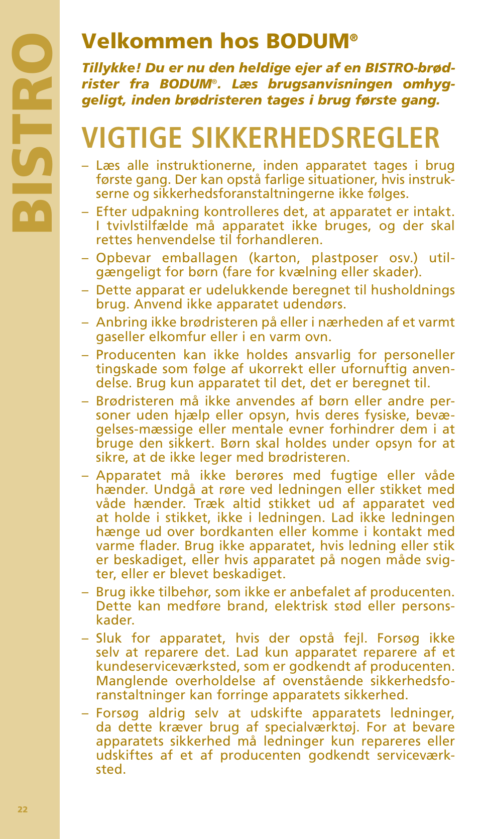 Bis tr o, Vigtige sikkerhedsregler, Velkommen hos bodum | Bodum BISTRO Тостер User Manual | Page 23 / 84