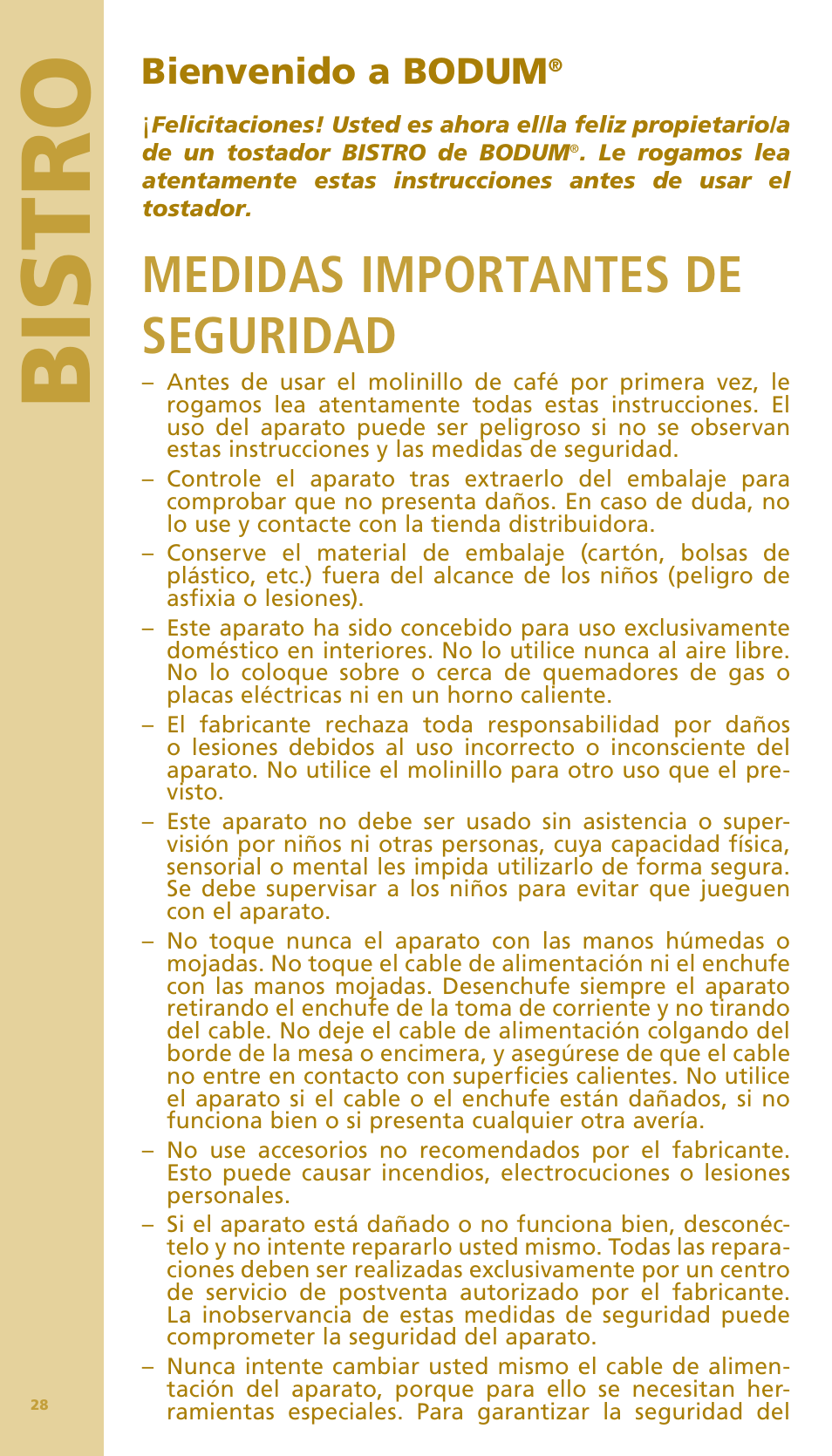 Bis tr o, Medidas importantes de seguridad, Bienvenido a bodum | Bodum BISTRO Тостер User Manual | Page 29 / 84