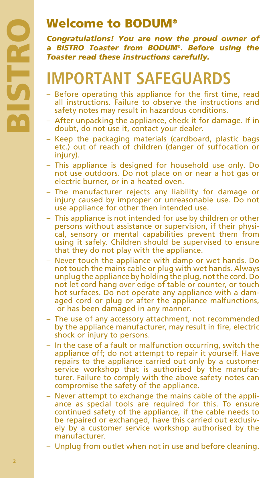 Bis tr o, Important safeguards, Welcome to bodum | Bodum BISTRO Тостер User Manual | Page 3 / 84
