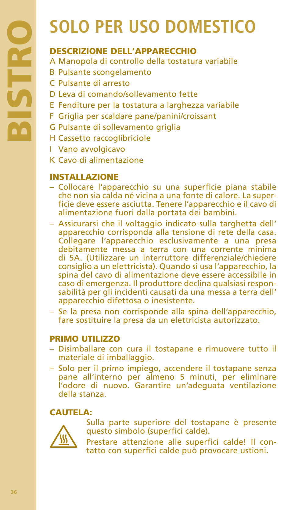 Bis tr o, Solo per uso domestico | Bodum BISTRO Тостер User Manual | Page 37 / 84