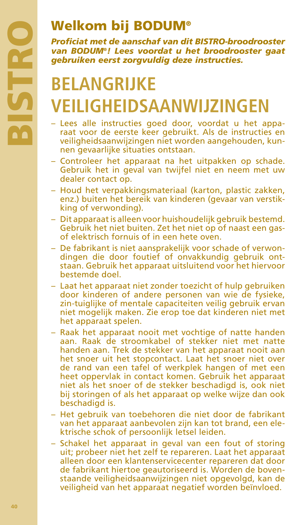 Bis tr o, Belangrijke veiligheidsaanwijzingen, Welkom bij bodum | Bodum BISTRO Тостер User Manual | Page 41 / 84