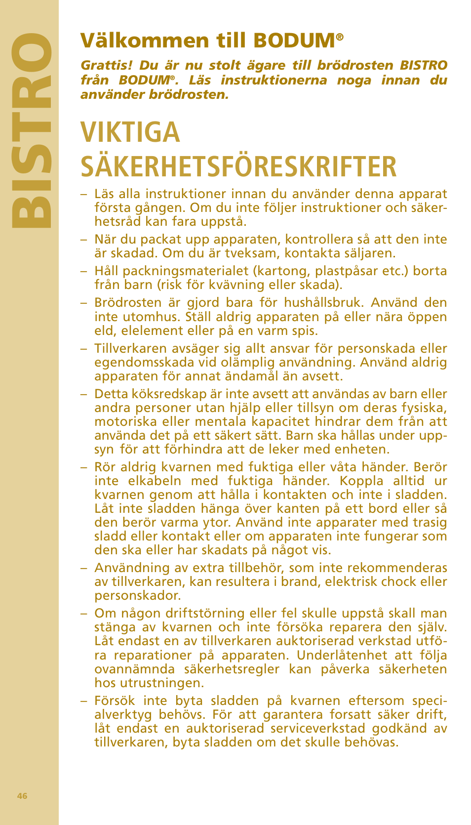 Bis tr o, Viktiga säkerhetsföreskrifter, Välkommen till bodum | Bodum BISTRO Тостер User Manual | Page 47 / 84