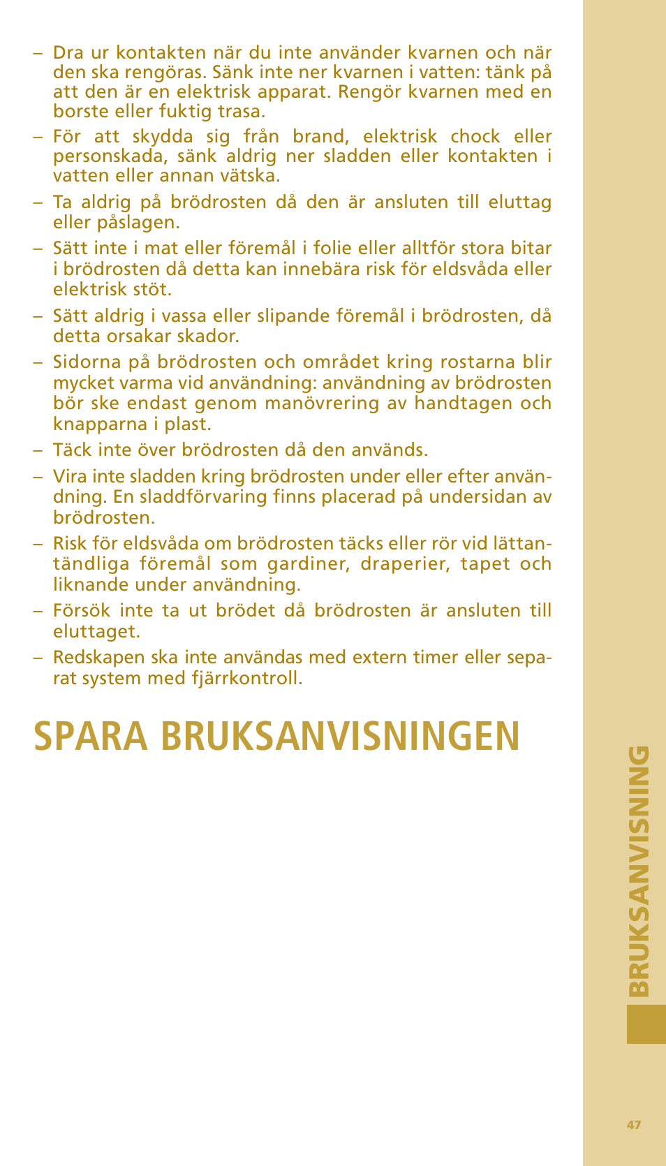 Spara bruksanvisningen, Bru ks anv is n ing bru ks anv is n ing | Bodum BISTRO Тостер User Manual | Page 48 / 84